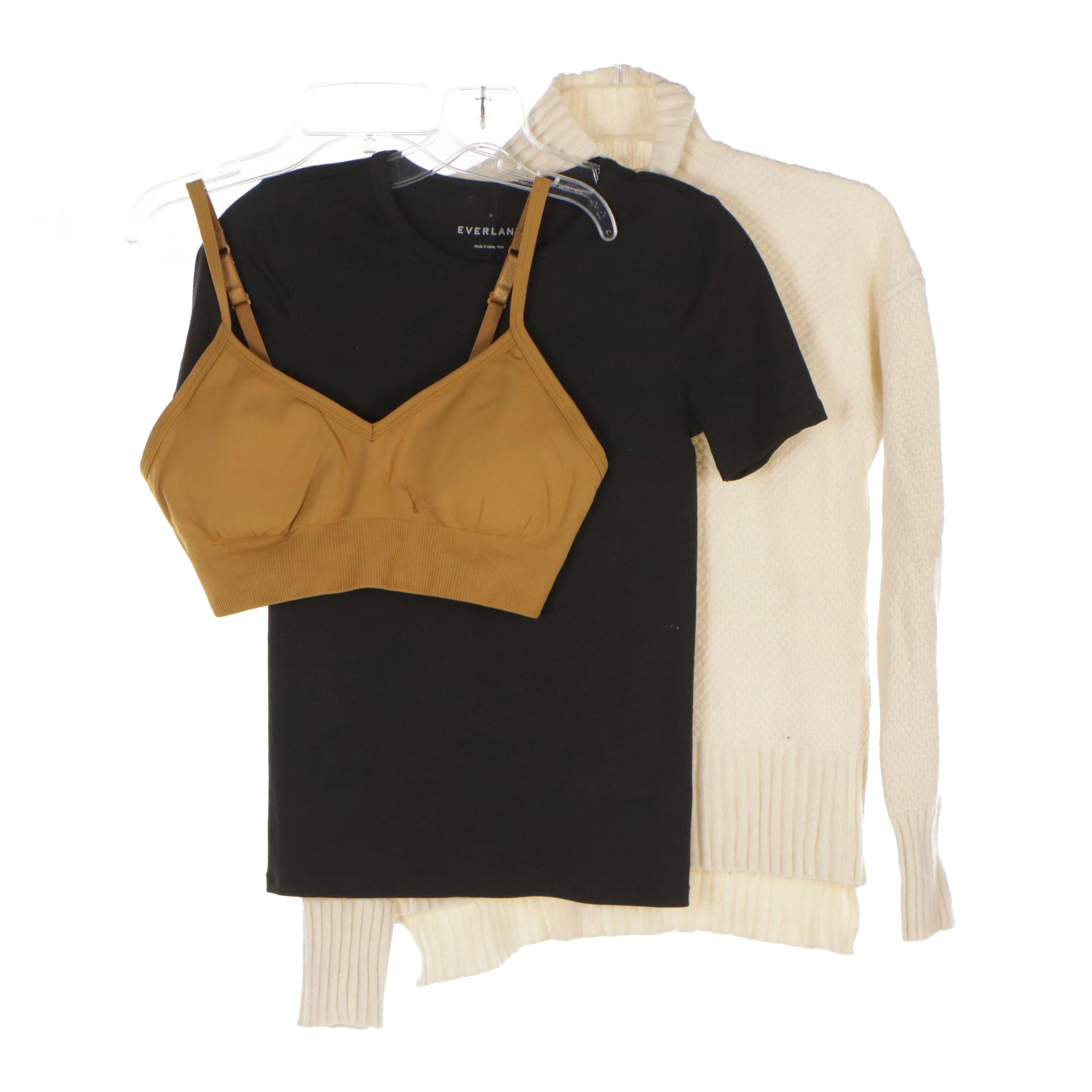 Everlane Cashmere Knit Turtleneck Sweater & Short Sleeve Top with Lululemon Bra