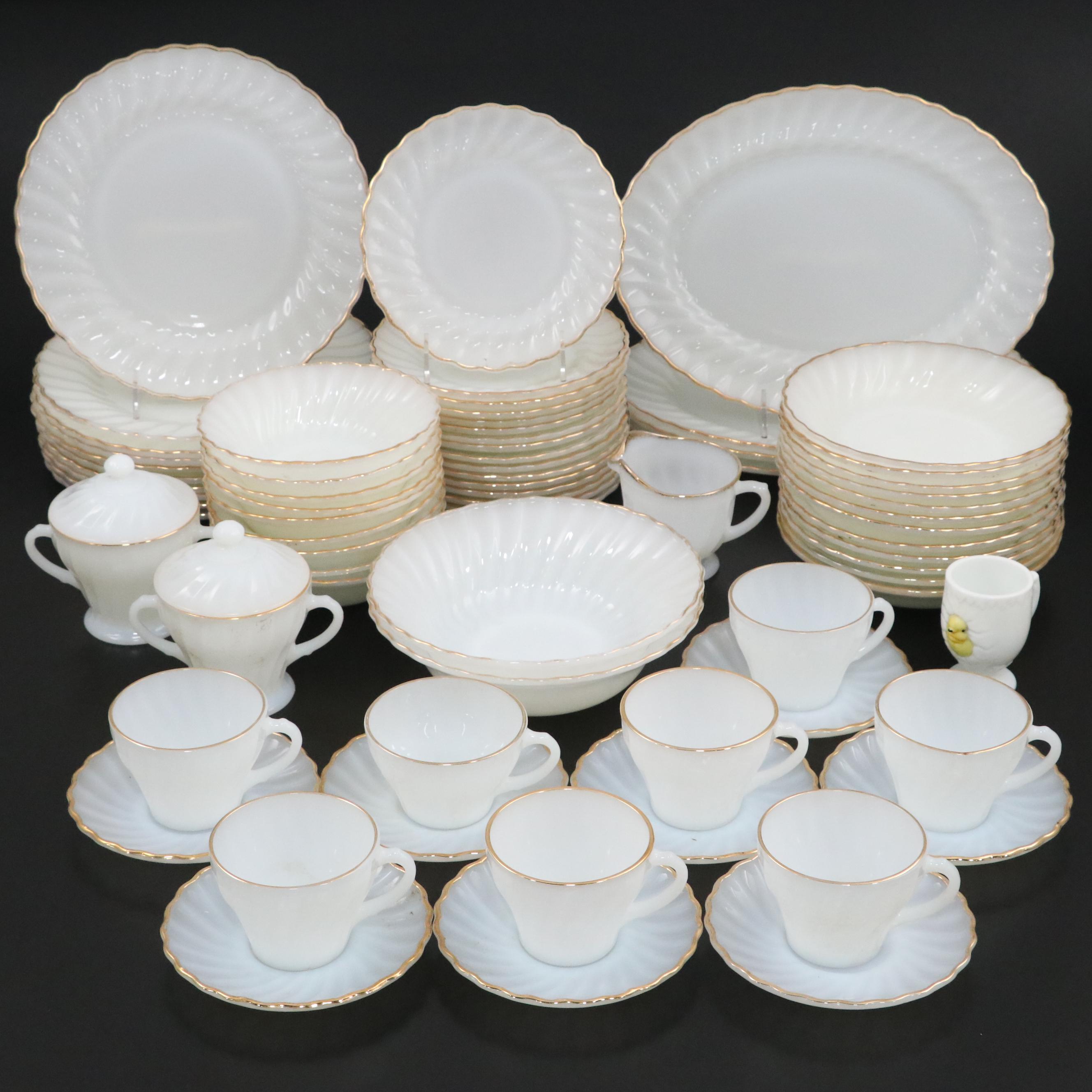 Anchor Hocking "Golden Shell" Milk Glass Dinnerware with Westmoreland Egg Cup