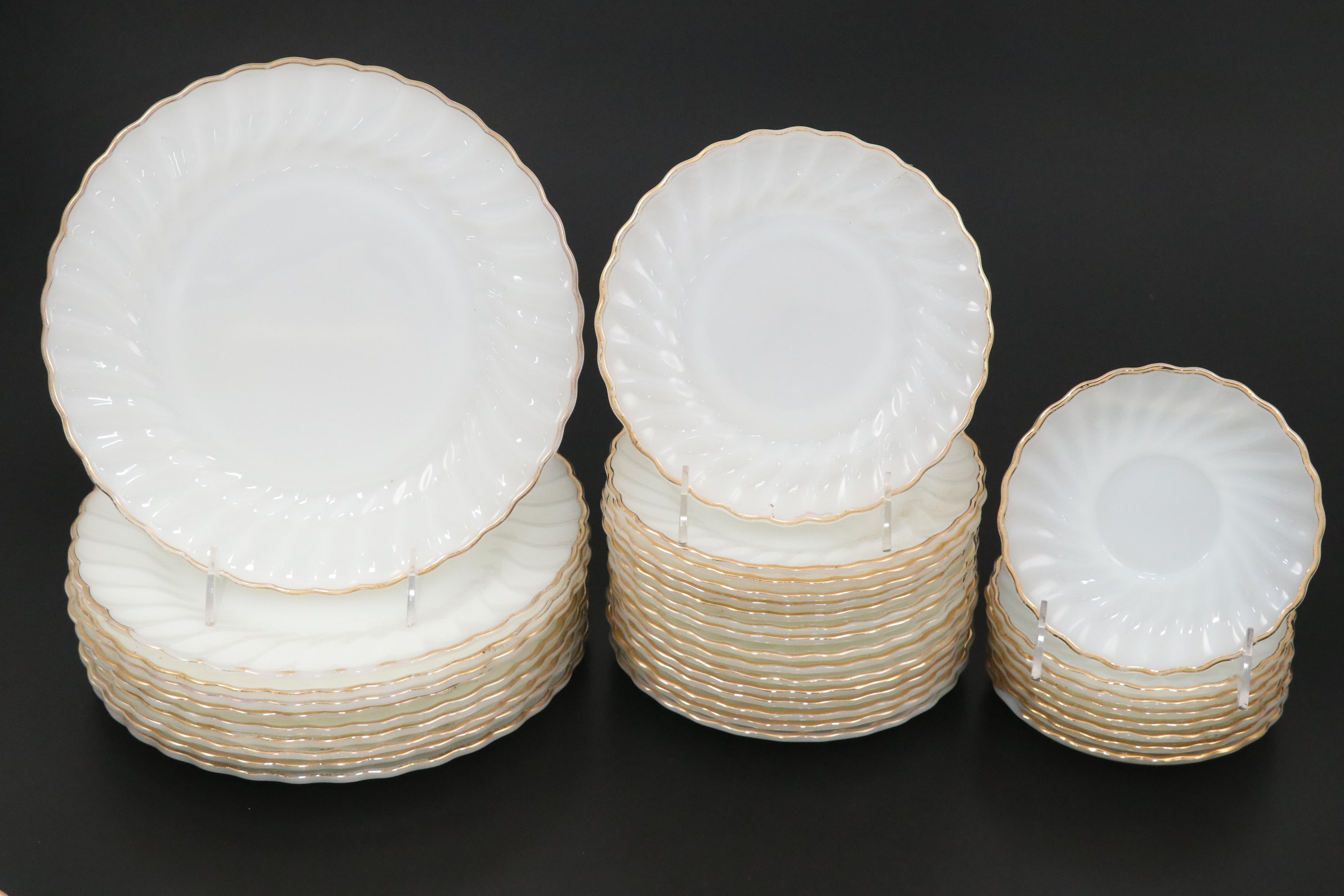 Anchor Hocking "Golden Shell" Milk Glass Dinnerware with Westmoreland Egg Cup
