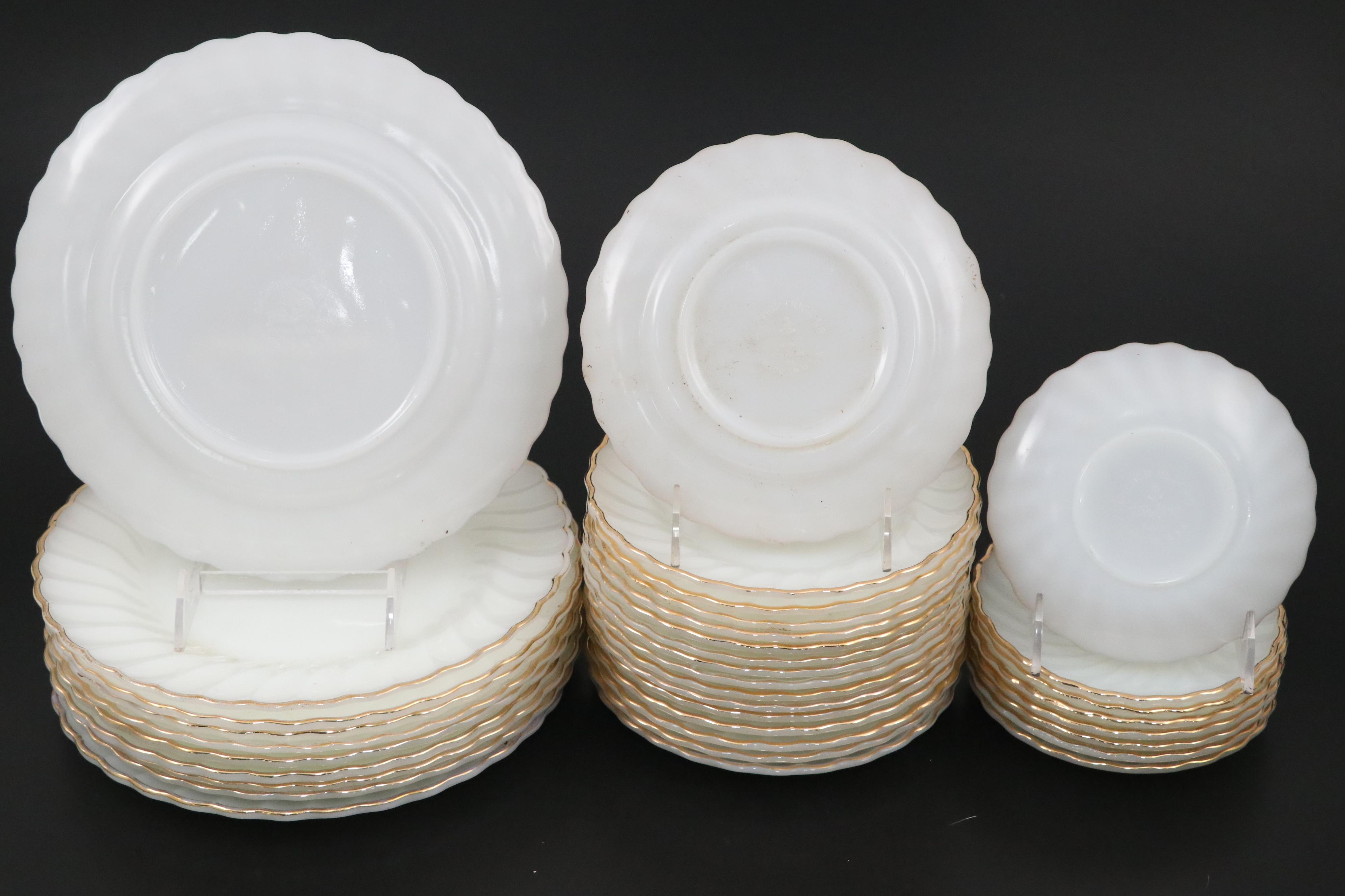 Anchor Hocking "Golden Shell" Milk Glass Dinnerware with Westmoreland Egg Cup