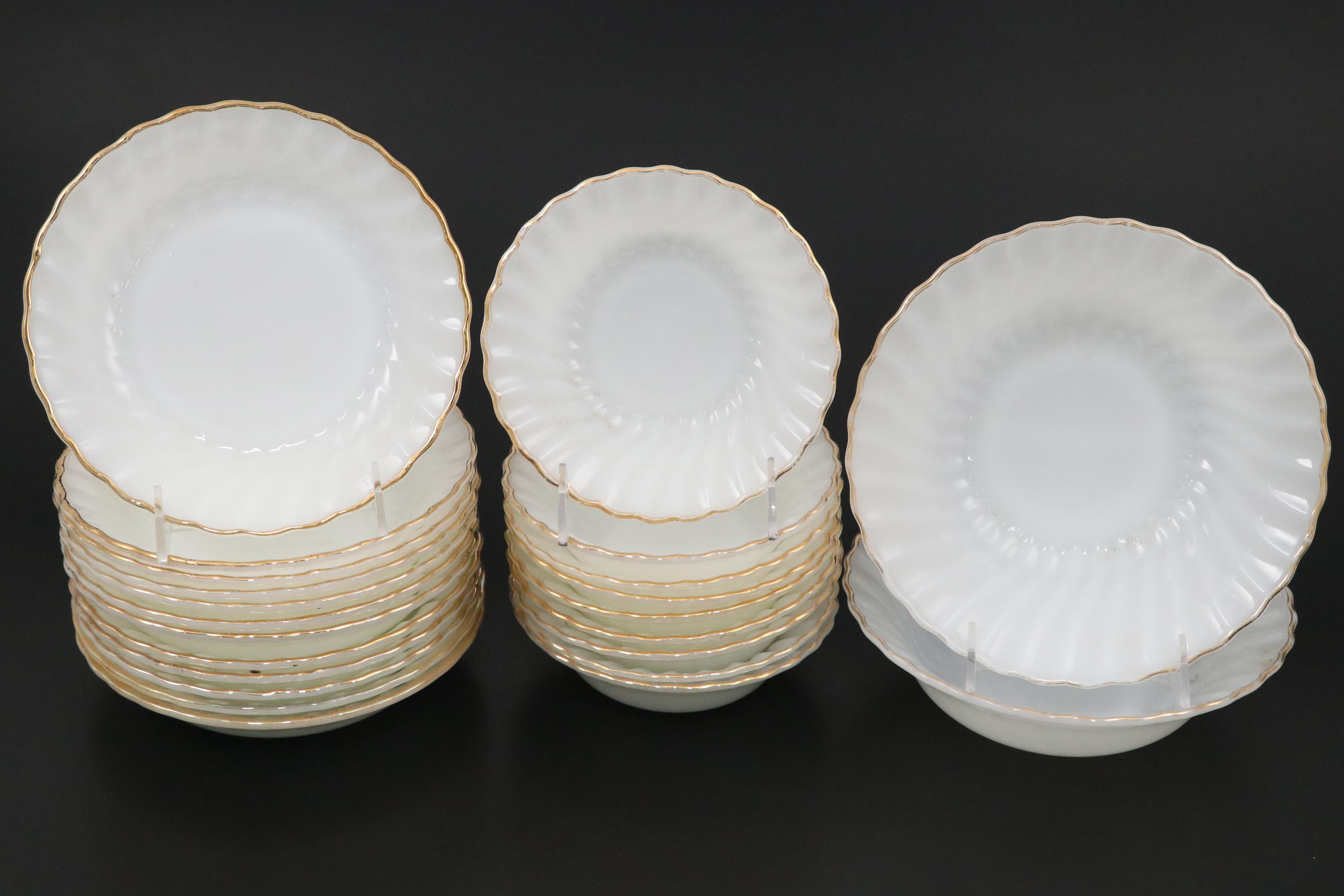 Anchor Hocking "Golden Shell" Milk Glass Dinnerware with Westmoreland Egg Cup