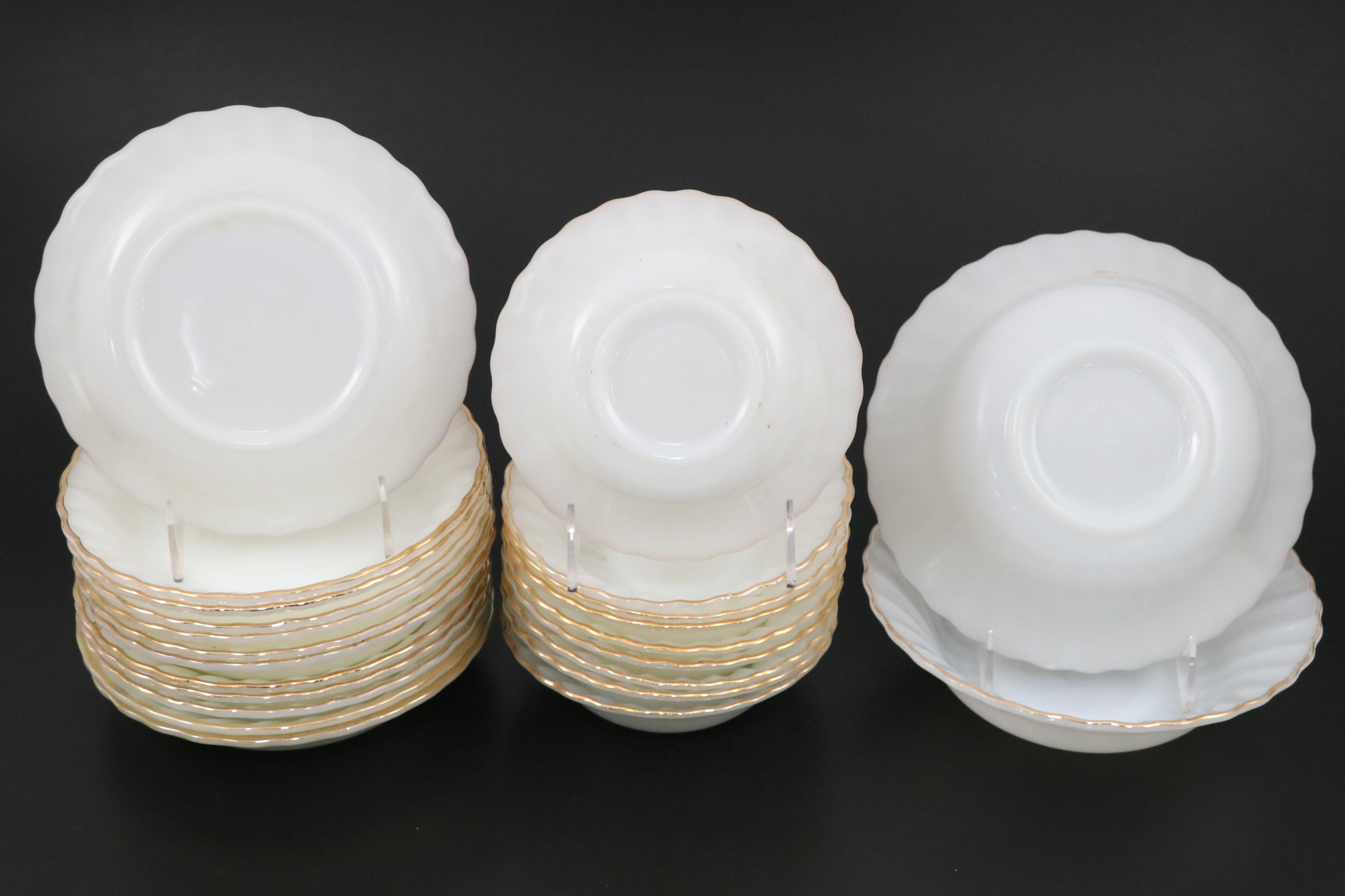 Anchor Hocking "Golden Shell" Milk Glass Dinnerware with Westmoreland Egg Cup