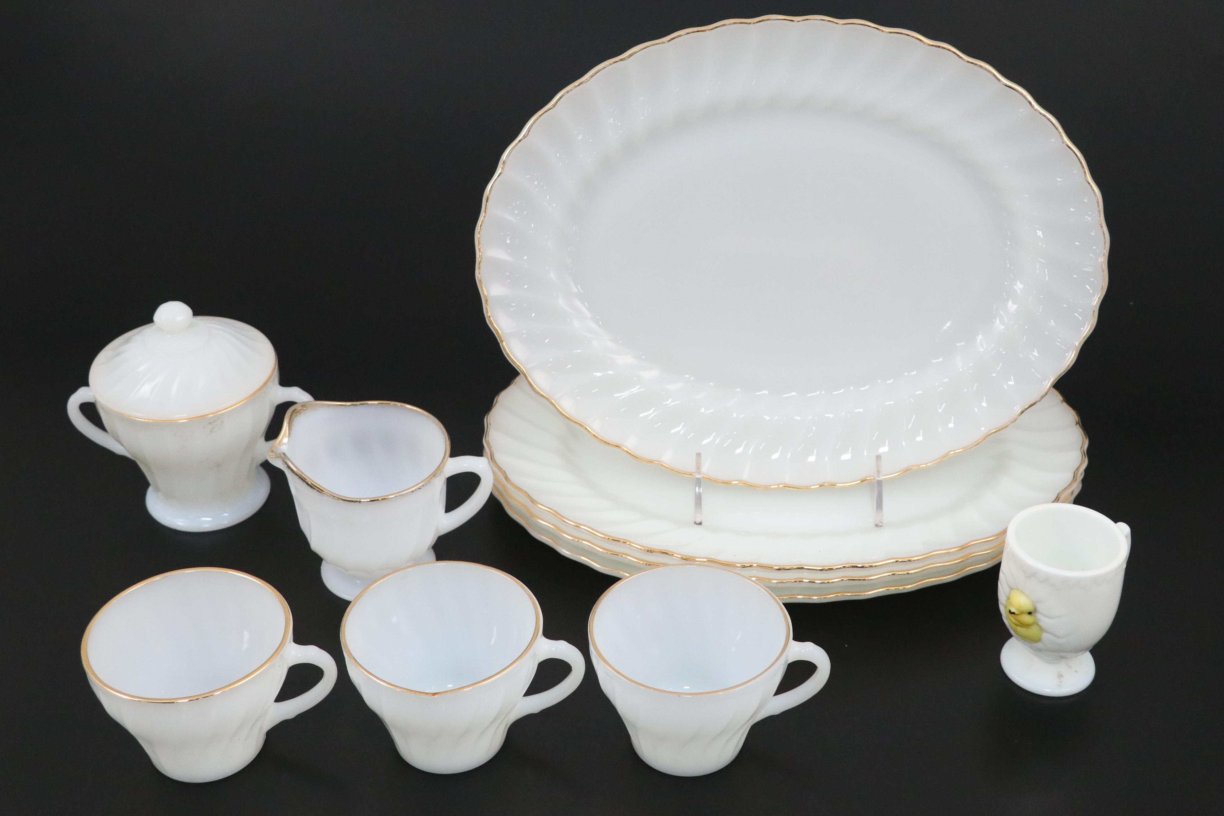 Anchor Hocking "Golden Shell" Milk Glass Dinnerware with Westmoreland Egg Cup