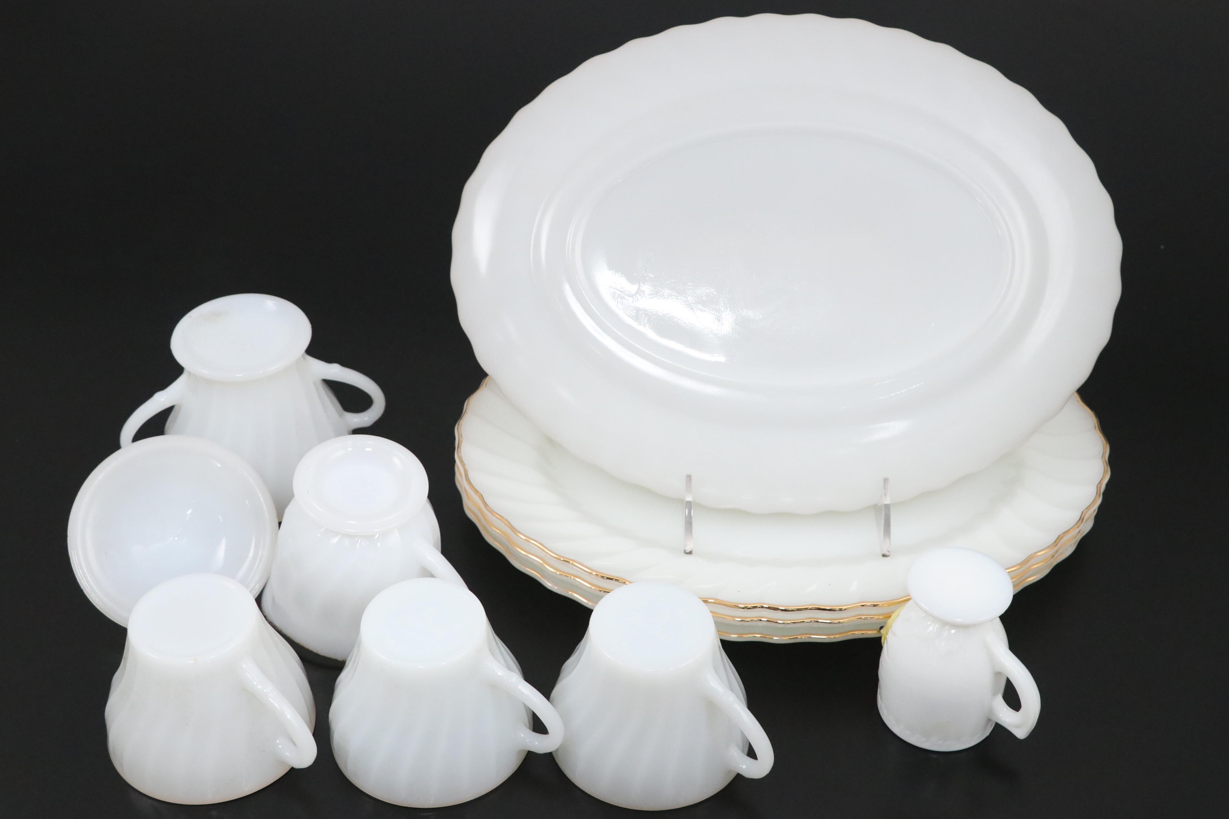 Anchor Hocking "Golden Shell" Milk Glass Dinnerware with Westmoreland Egg Cup