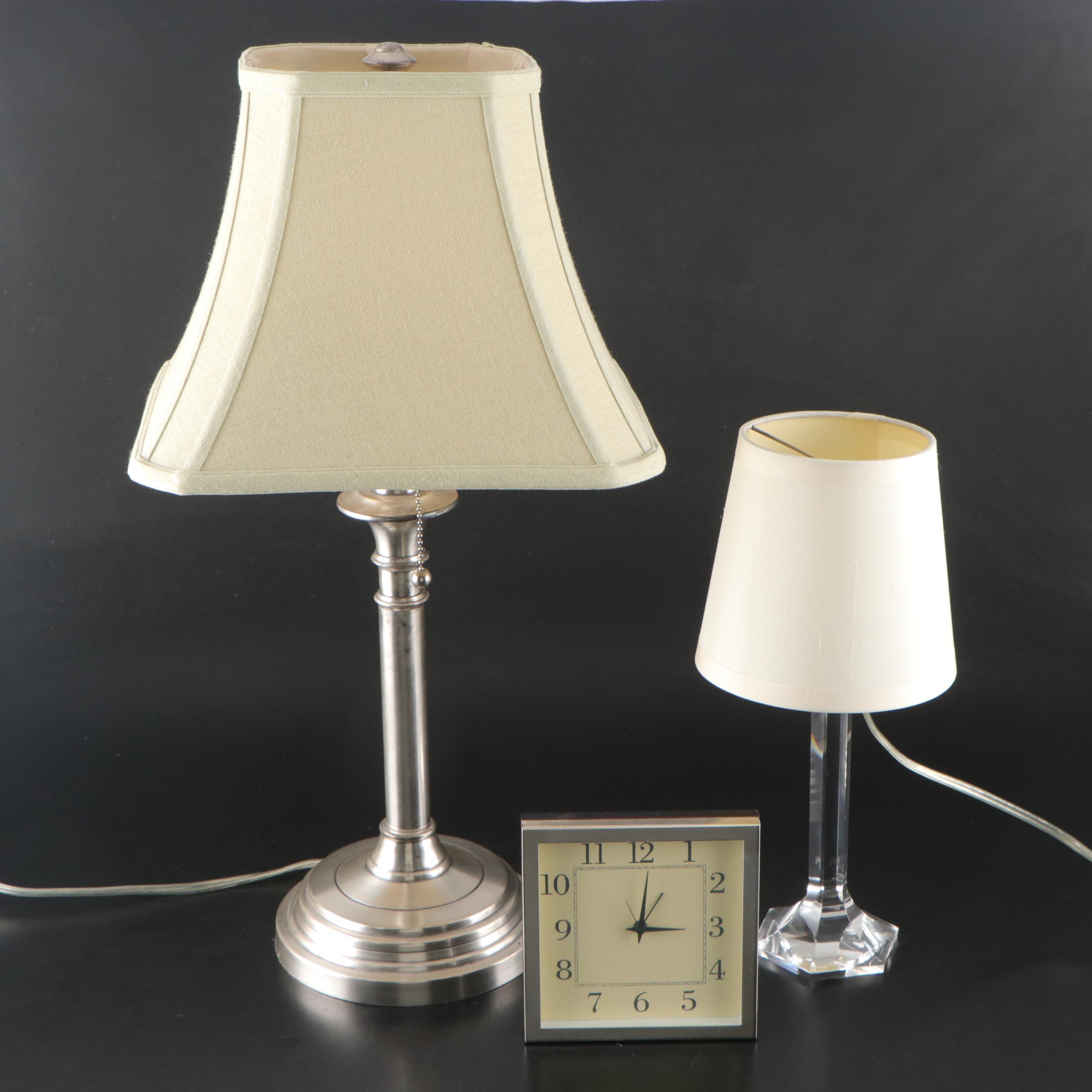 Italian Sterling Silver Mantel Clock with Pottery Barn Metal Lamp & More