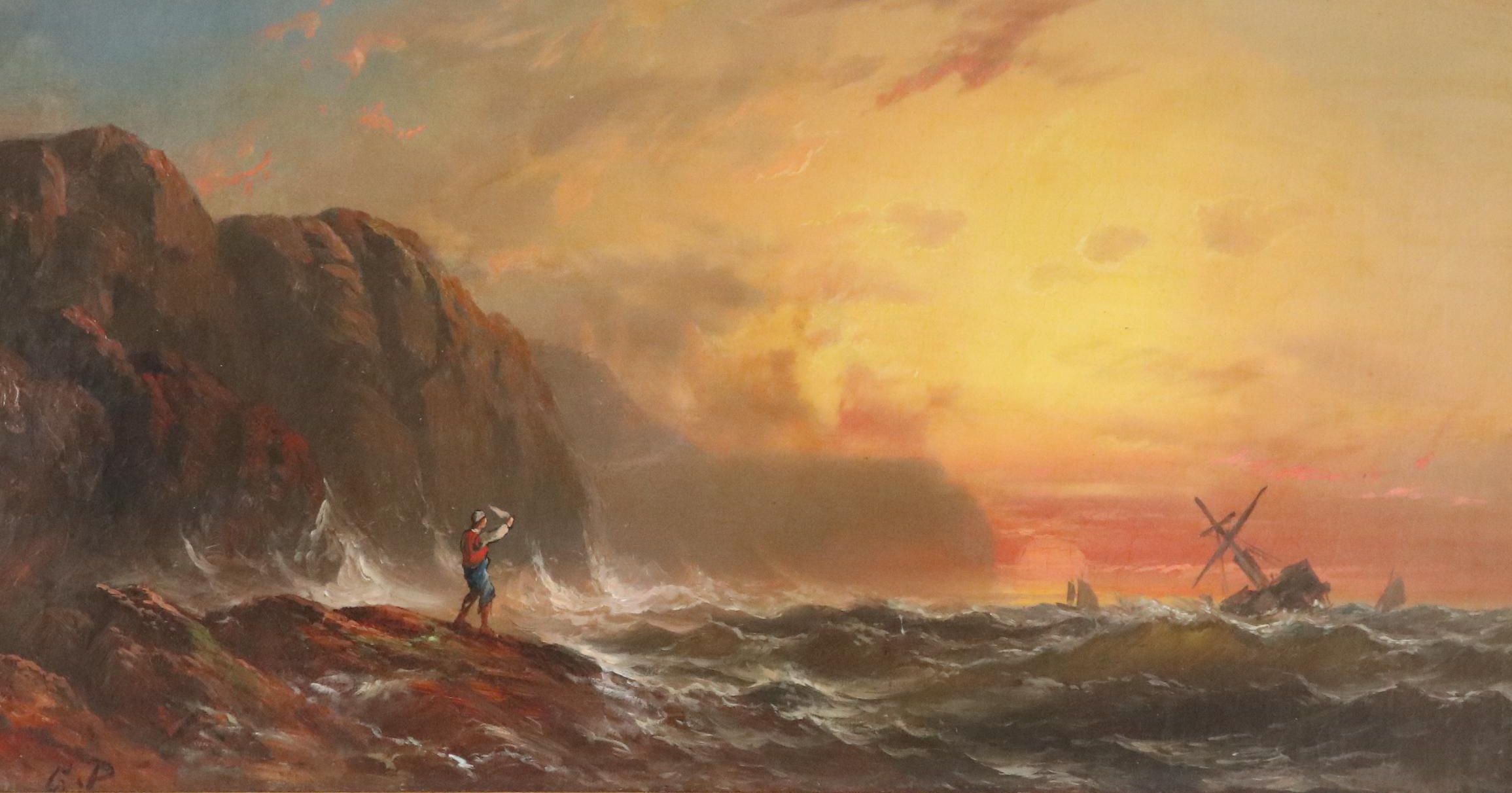Granville Perkins Oil Painting Coastal Shipwreck Scene, Late 19th Century