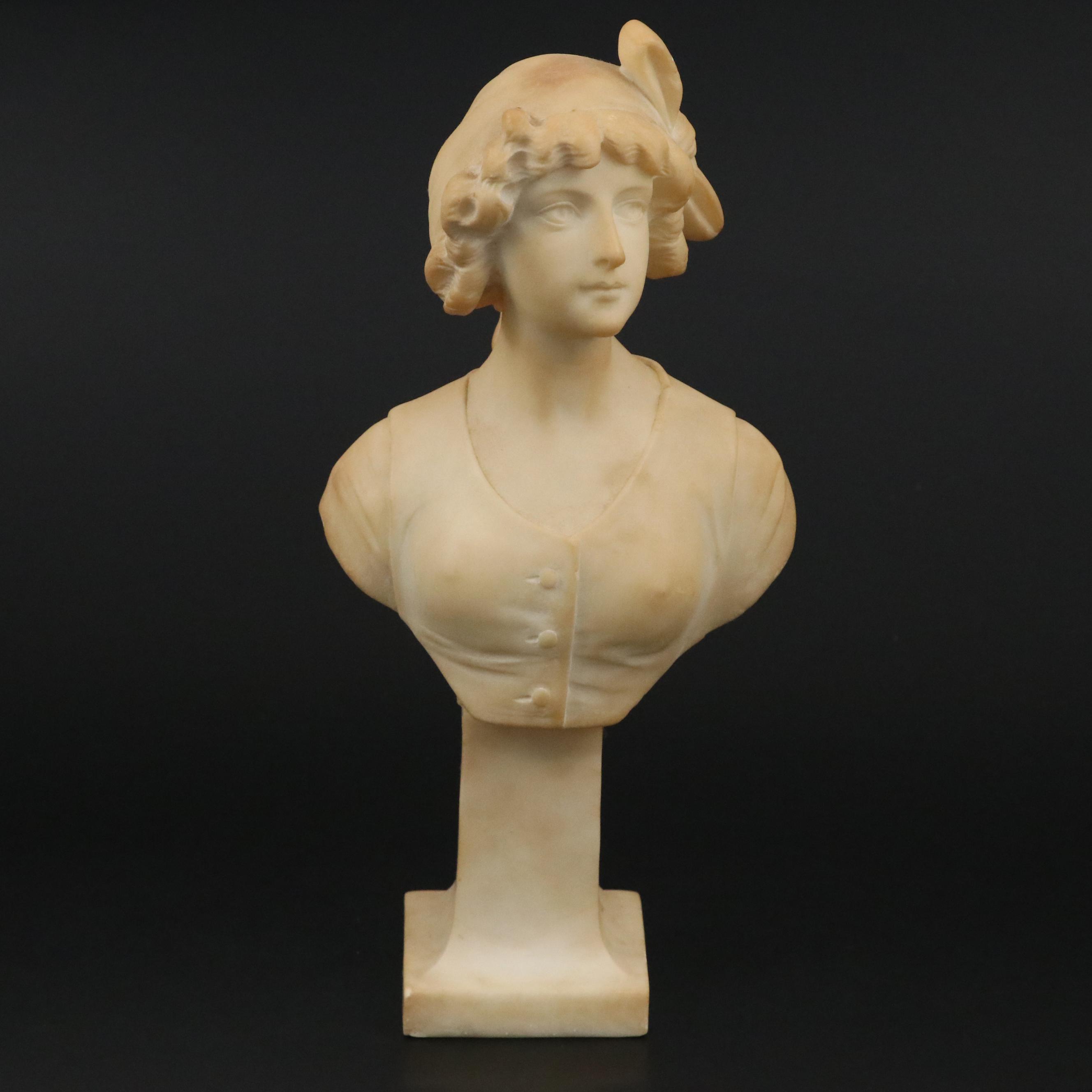 Italian Signed Alberto Saccardi Alabaster Sculpture of Bust of Young Lady