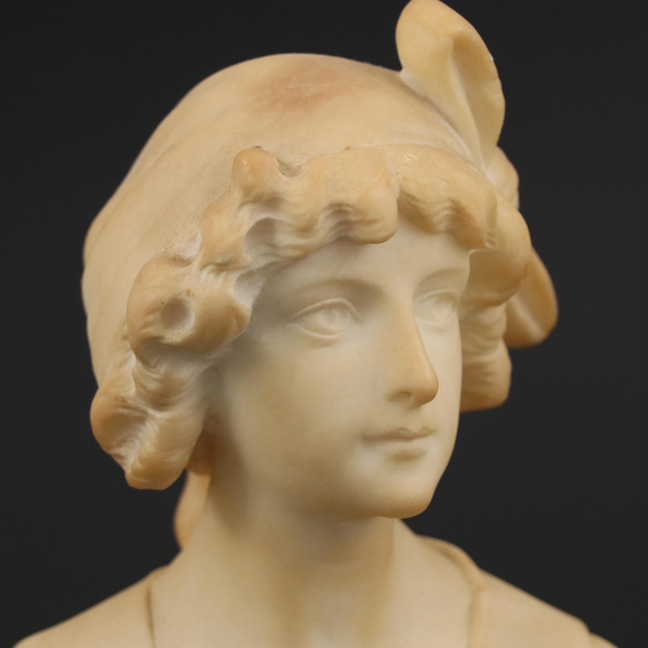 Italian Signed Alberto Saccardi Alabaster Sculpture of Bust of Young Lady