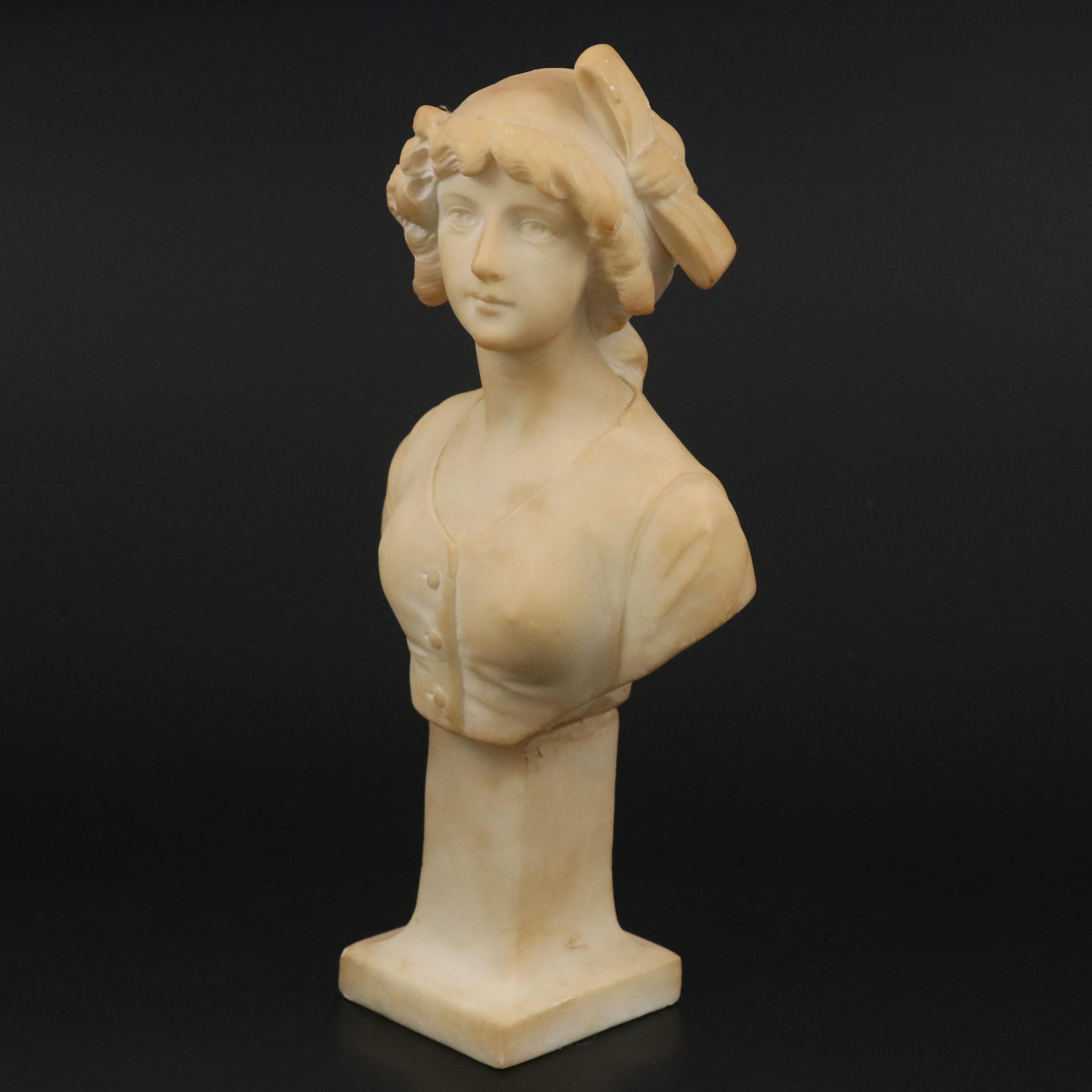 Italian Signed Alberto Saccardi Alabaster Sculpture of Bust of Young Lady