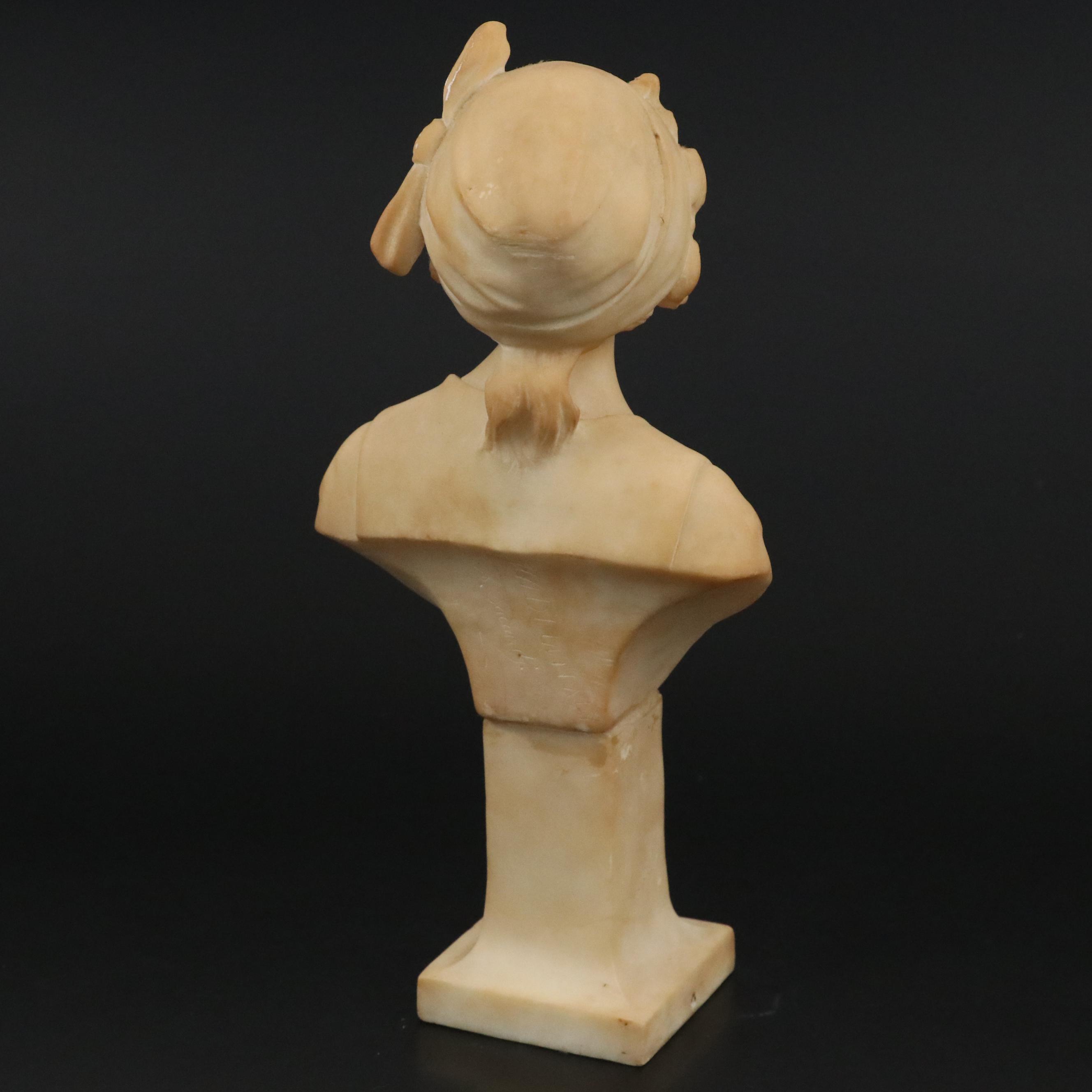 Italian Signed Alberto Saccardi Alabaster Sculpture of Bust of Young Lady