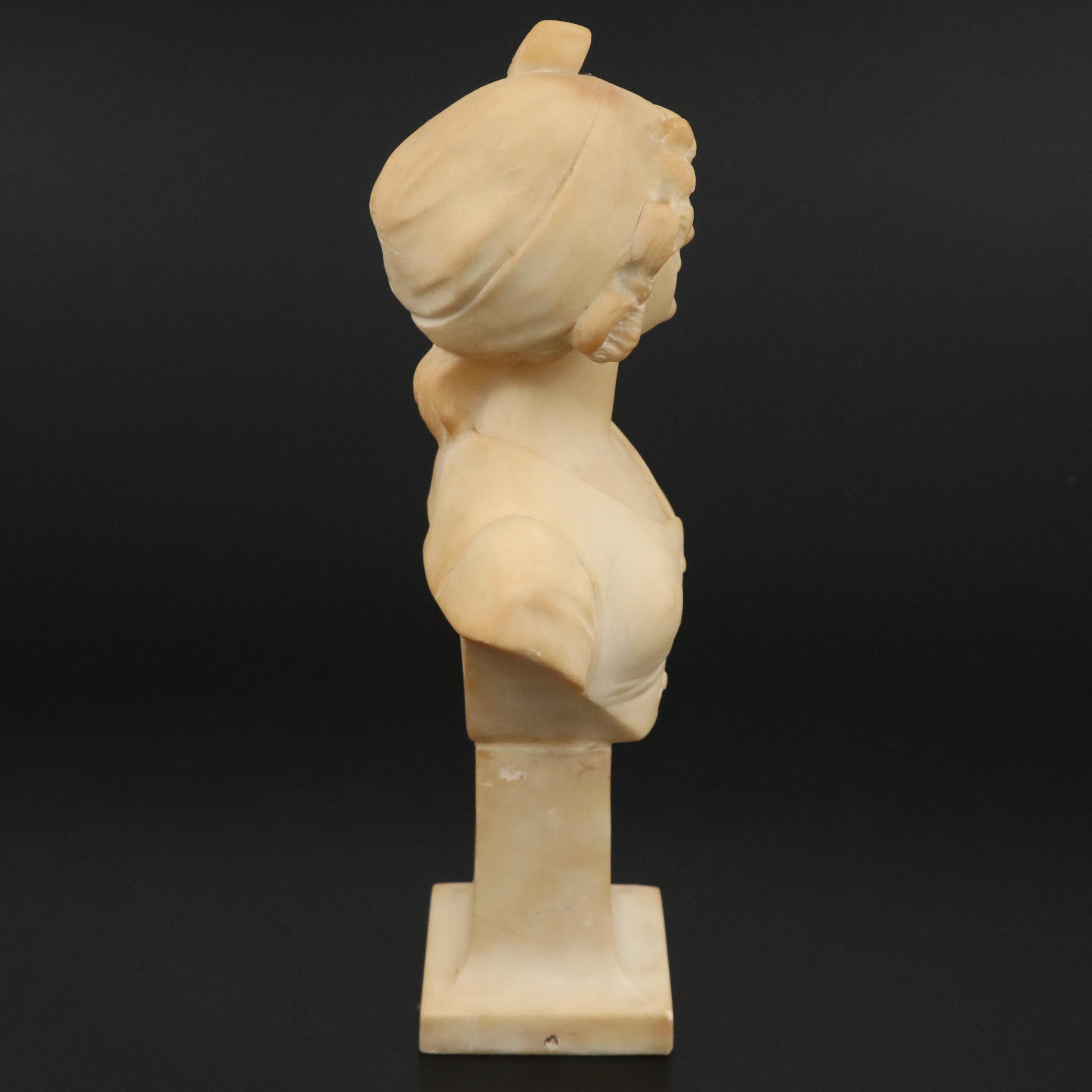 Italian Signed Alberto Saccardi Alabaster Sculpture of Bust of Young Lady
