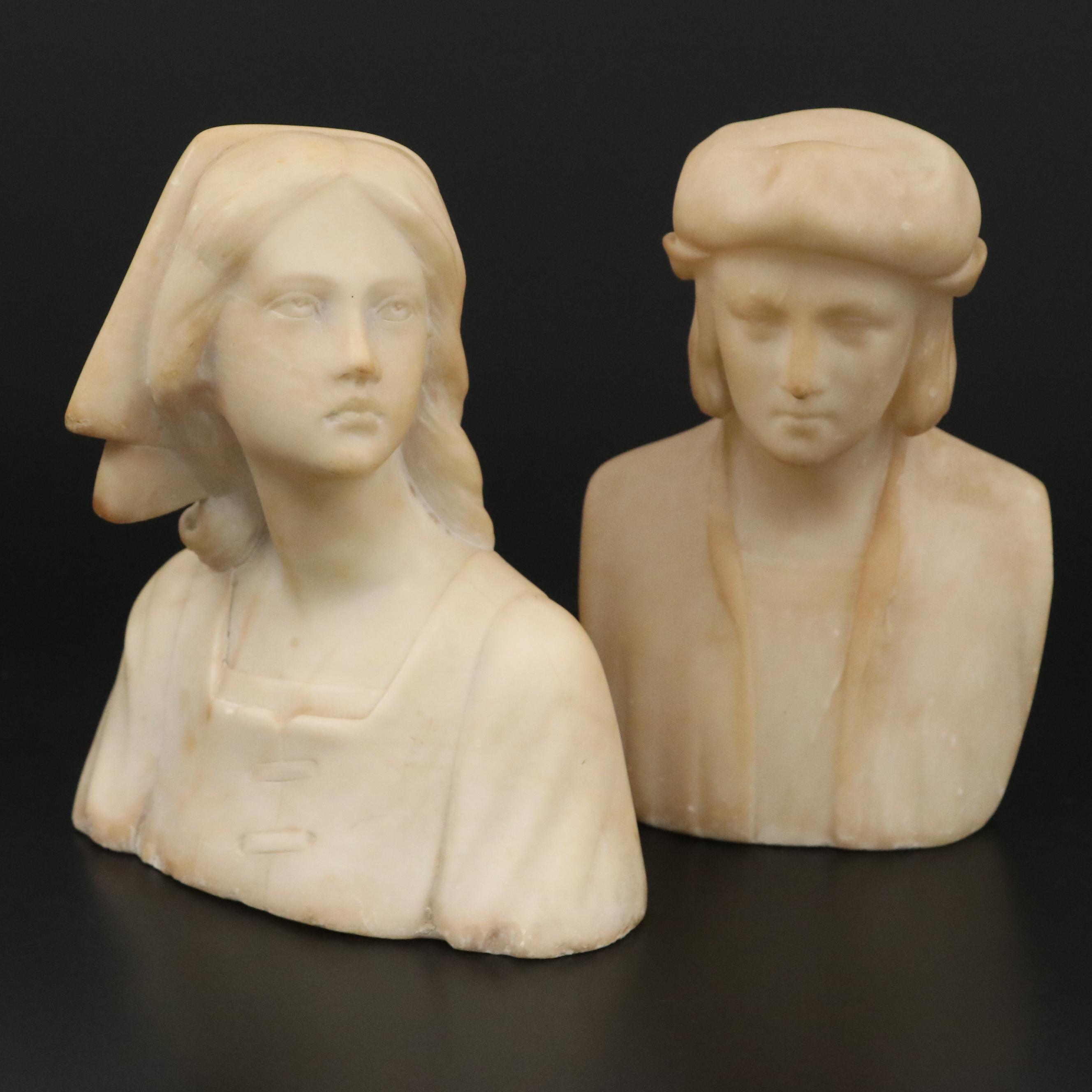 Carved Alabaster Bust of Joan of Arc and Young Boy