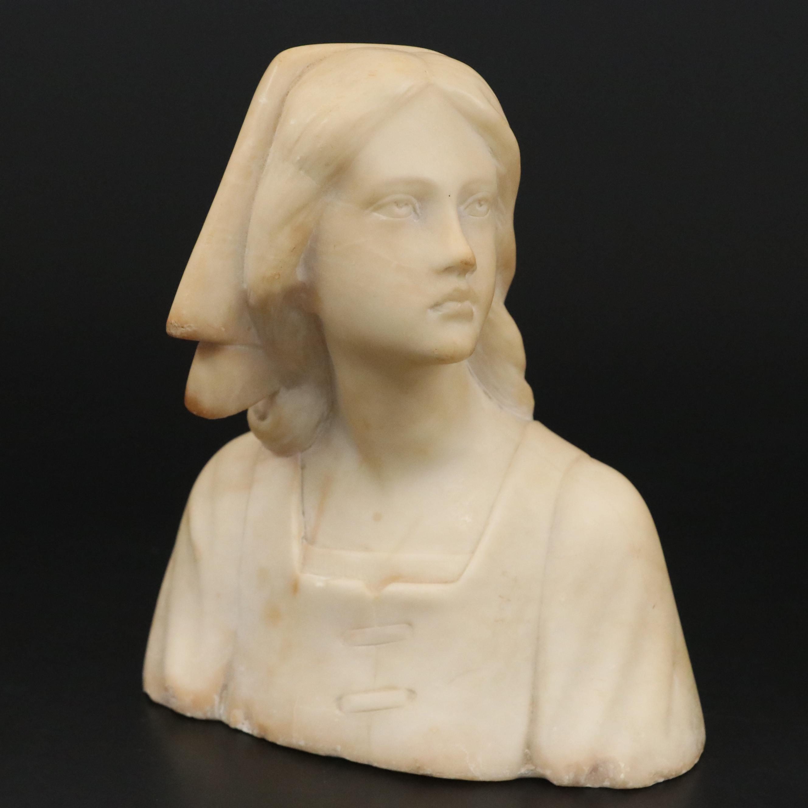 Carved Alabaster Bust of Joan of Arc and Young Boy