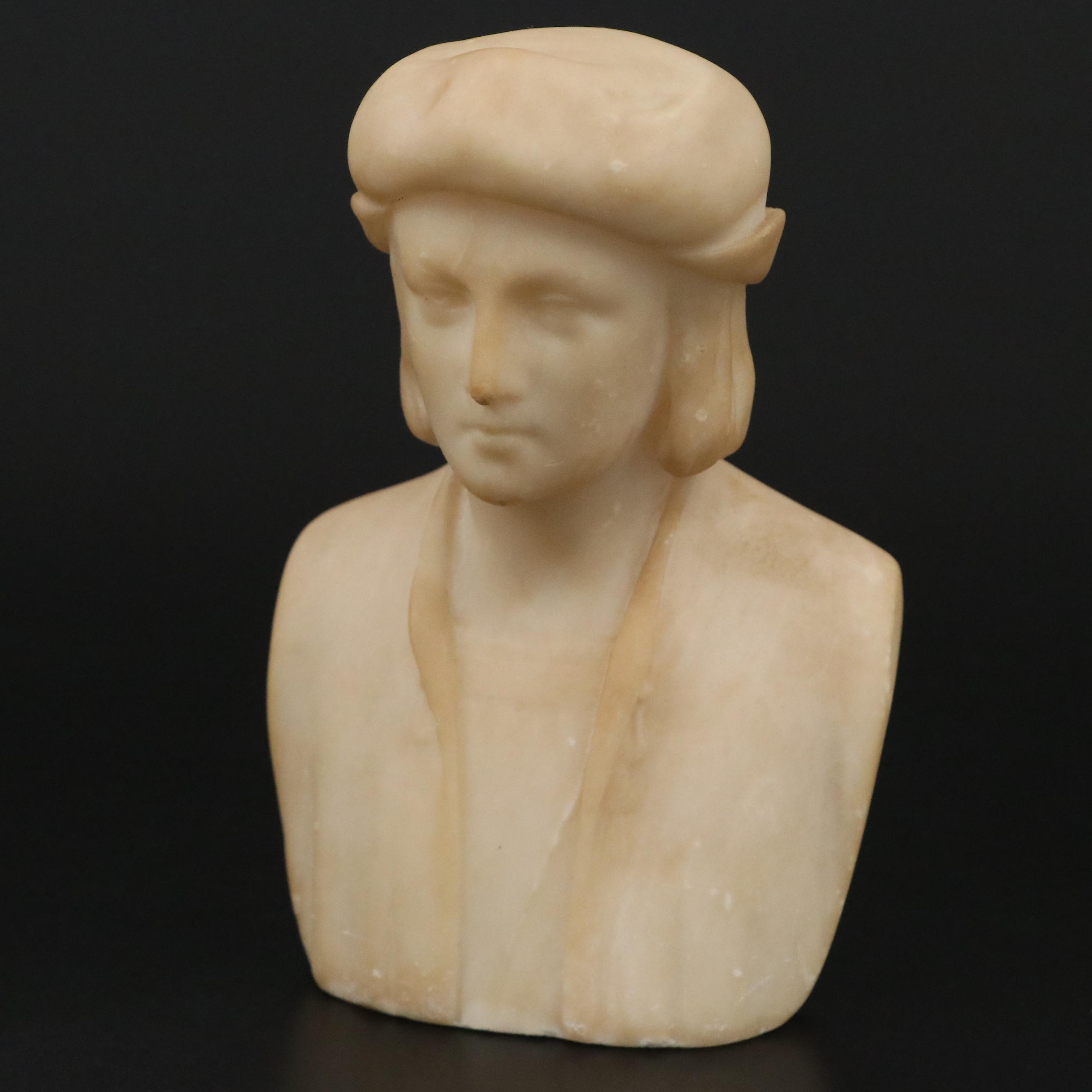 Carved Alabaster Bust of Joan of Arc and Young Boy