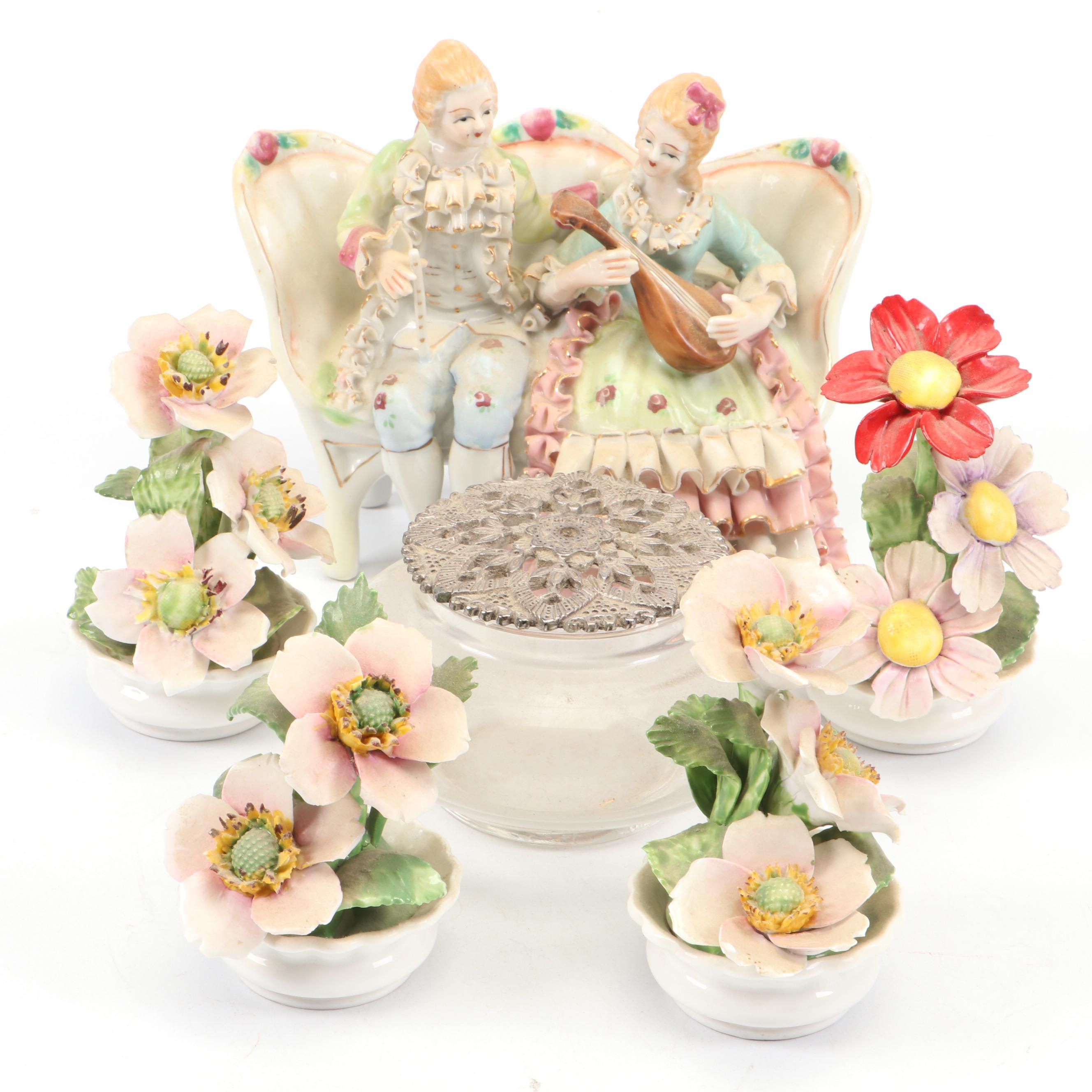 Radnor Bone China Flower Figurines with Other Bone China Figurine and Glass Jar