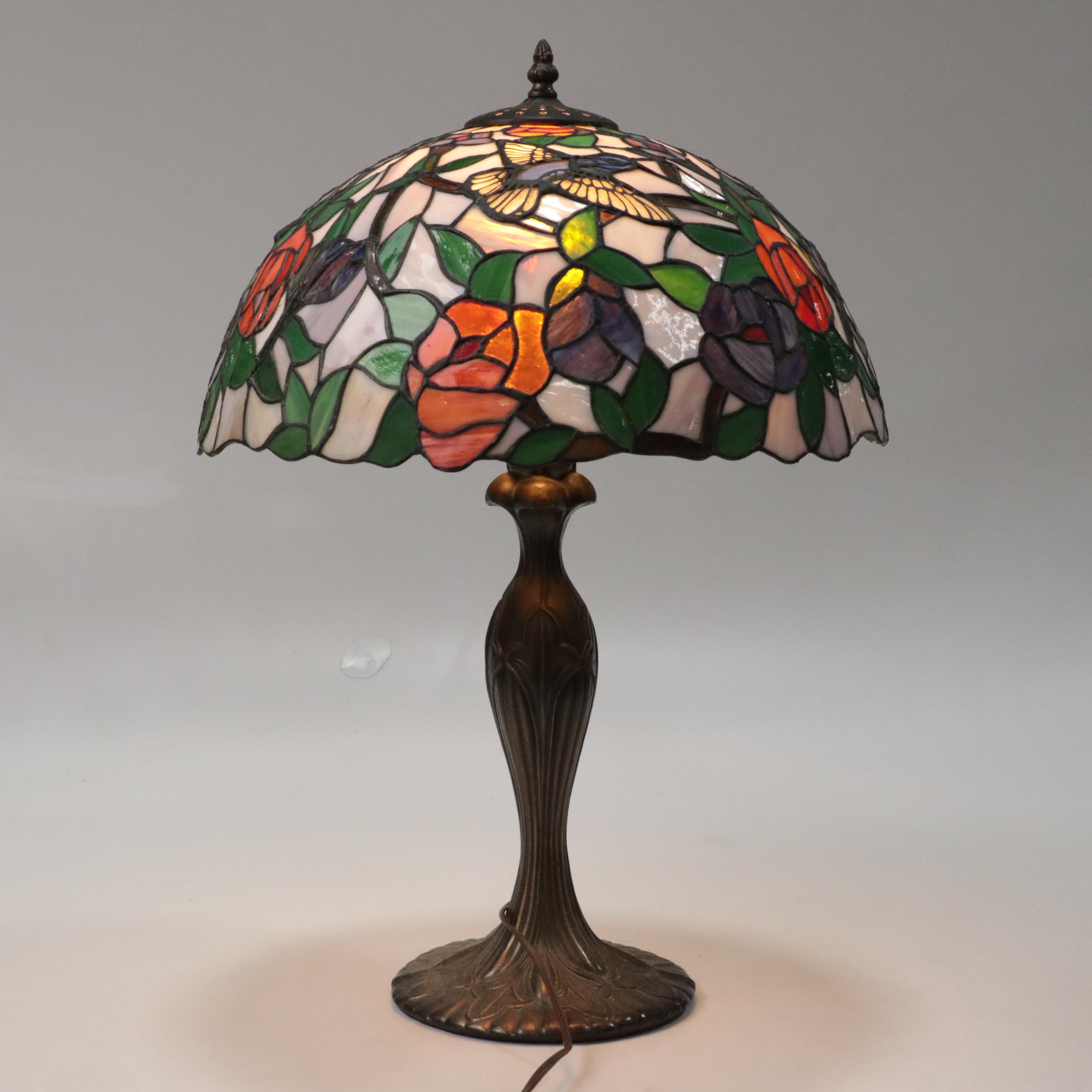 Art Nouveau Style Slag Glass & Metal Table Lamp with Hummingbird & Rose Motifs