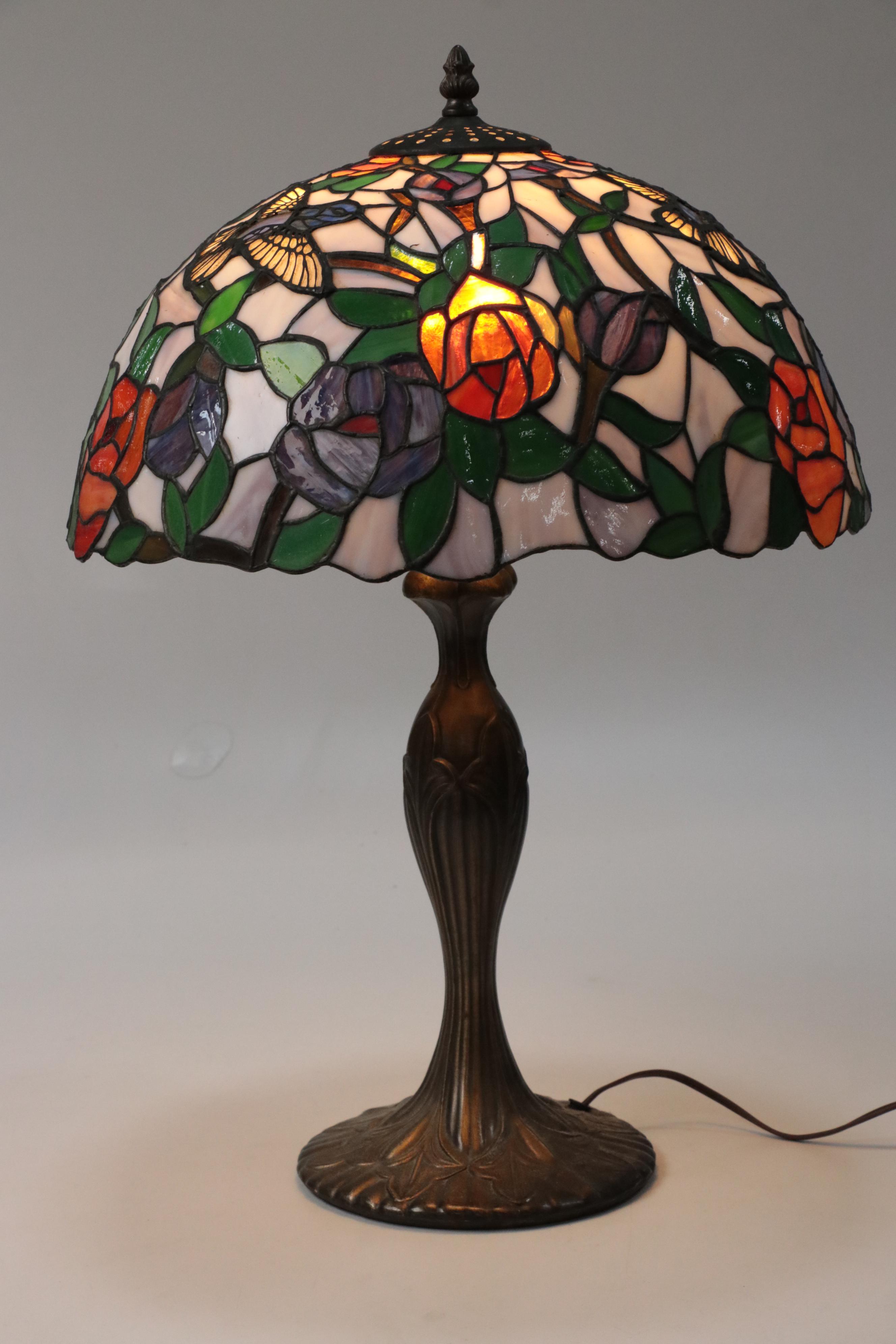 Art Nouveau Style Slag Glass & Metal Table Lamp with Hummingbird & Rose Motifs