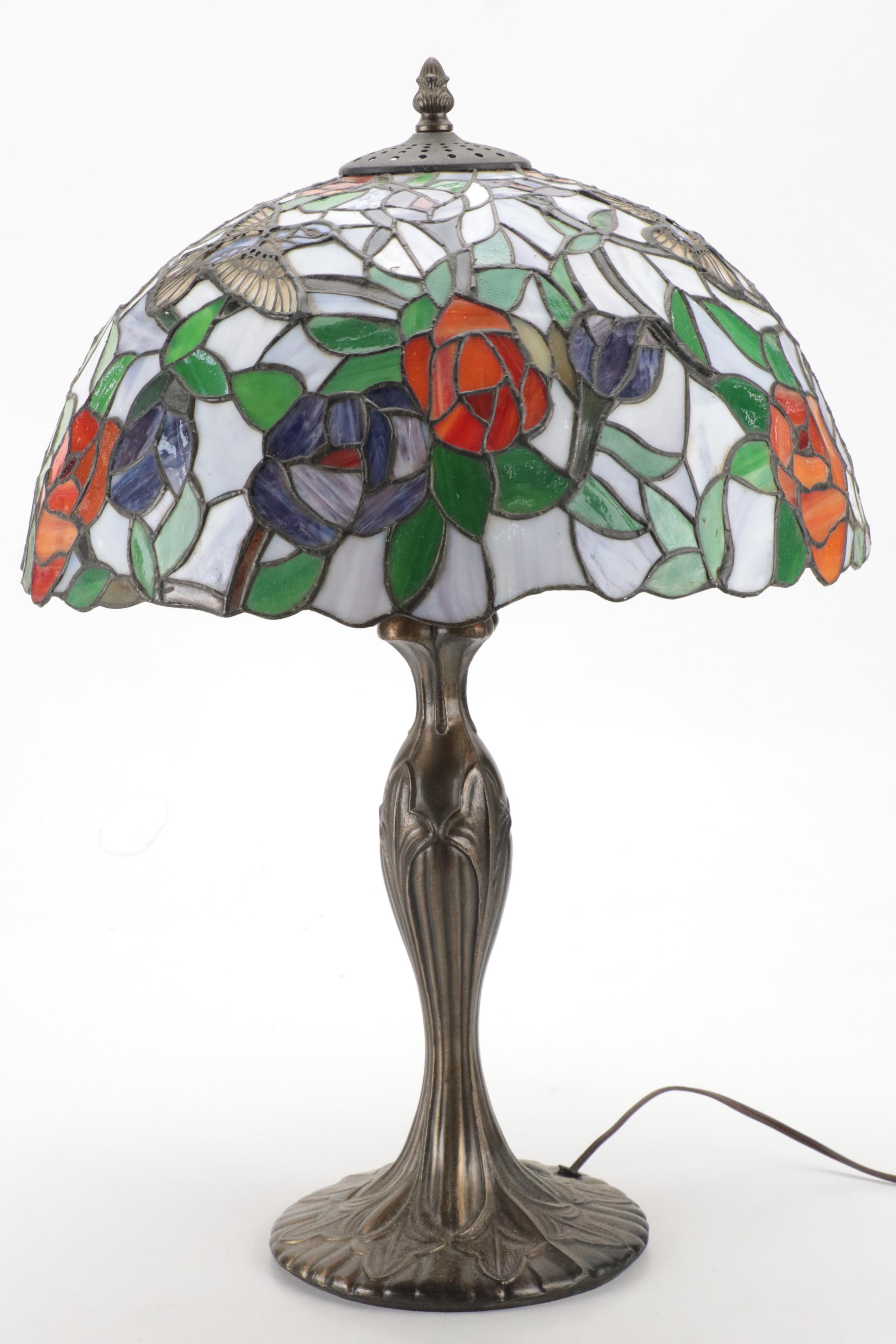Art Nouveau Style Slag Glass & Metal Table Lamp with Hummingbird & Rose Motifs