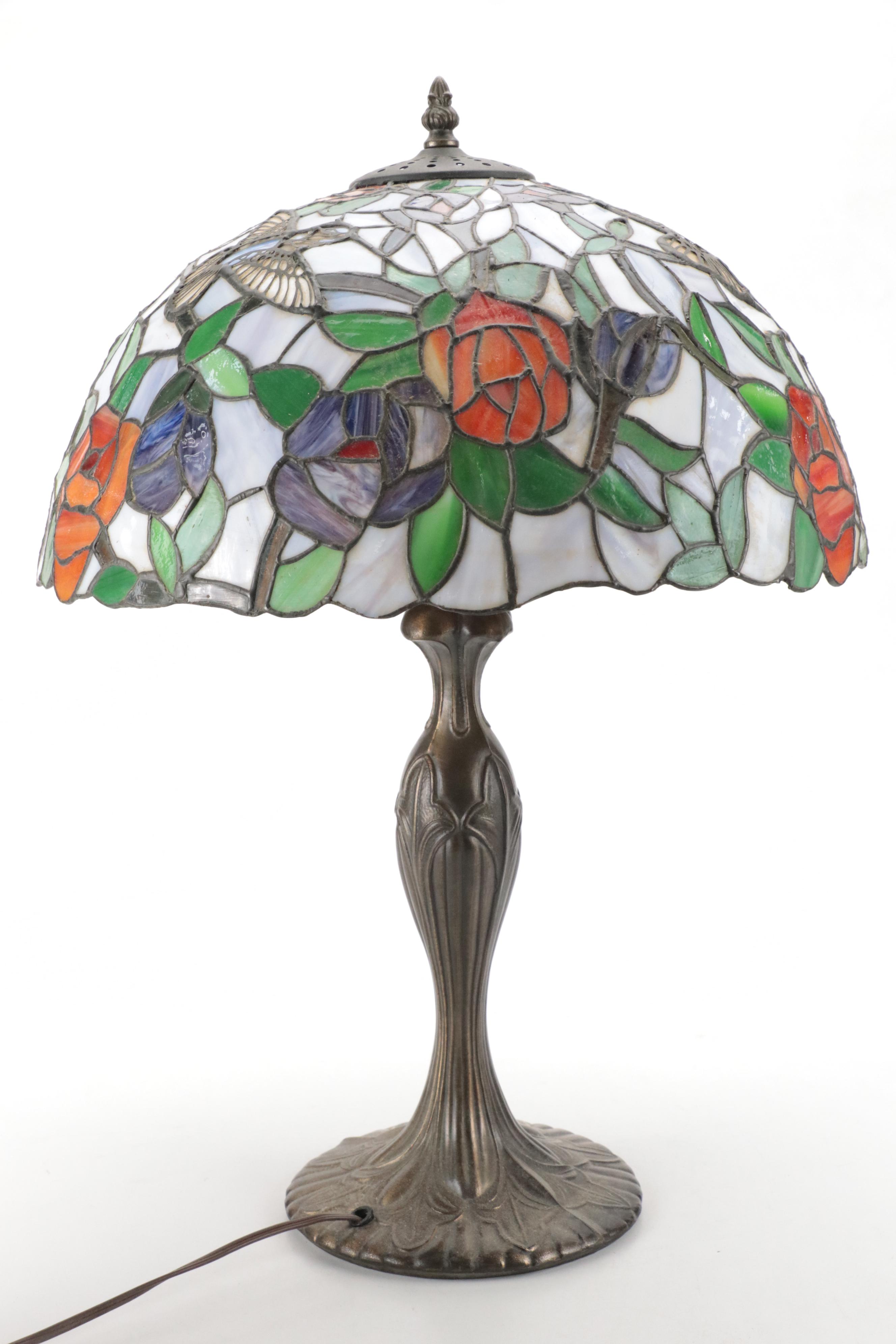 Art Nouveau Style Slag Glass & Metal Table Lamp with Hummingbird & Rose Motifs