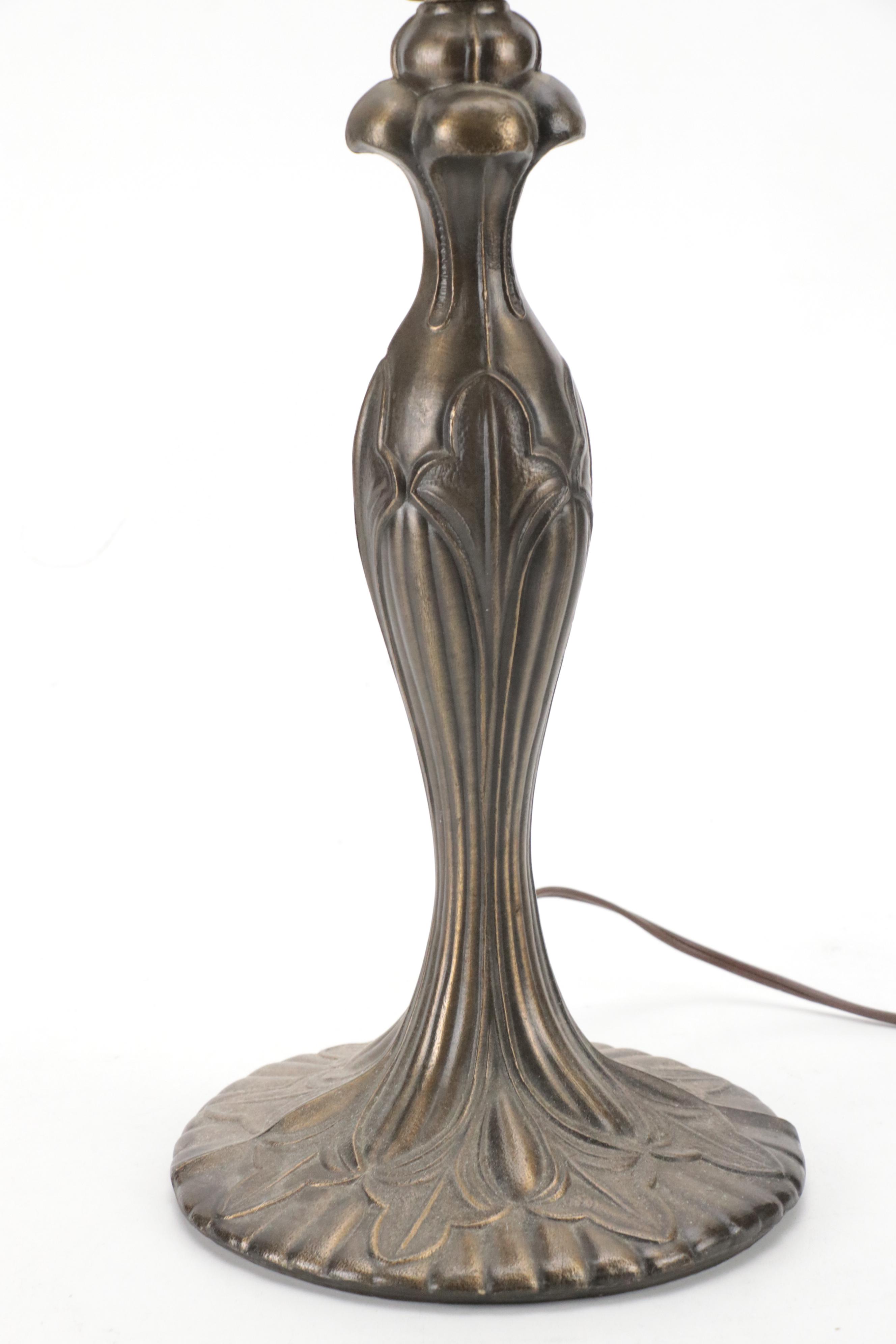 Art Nouveau Style Slag Glass & Metal Table Lamp with Hummingbird & Rose Motifs