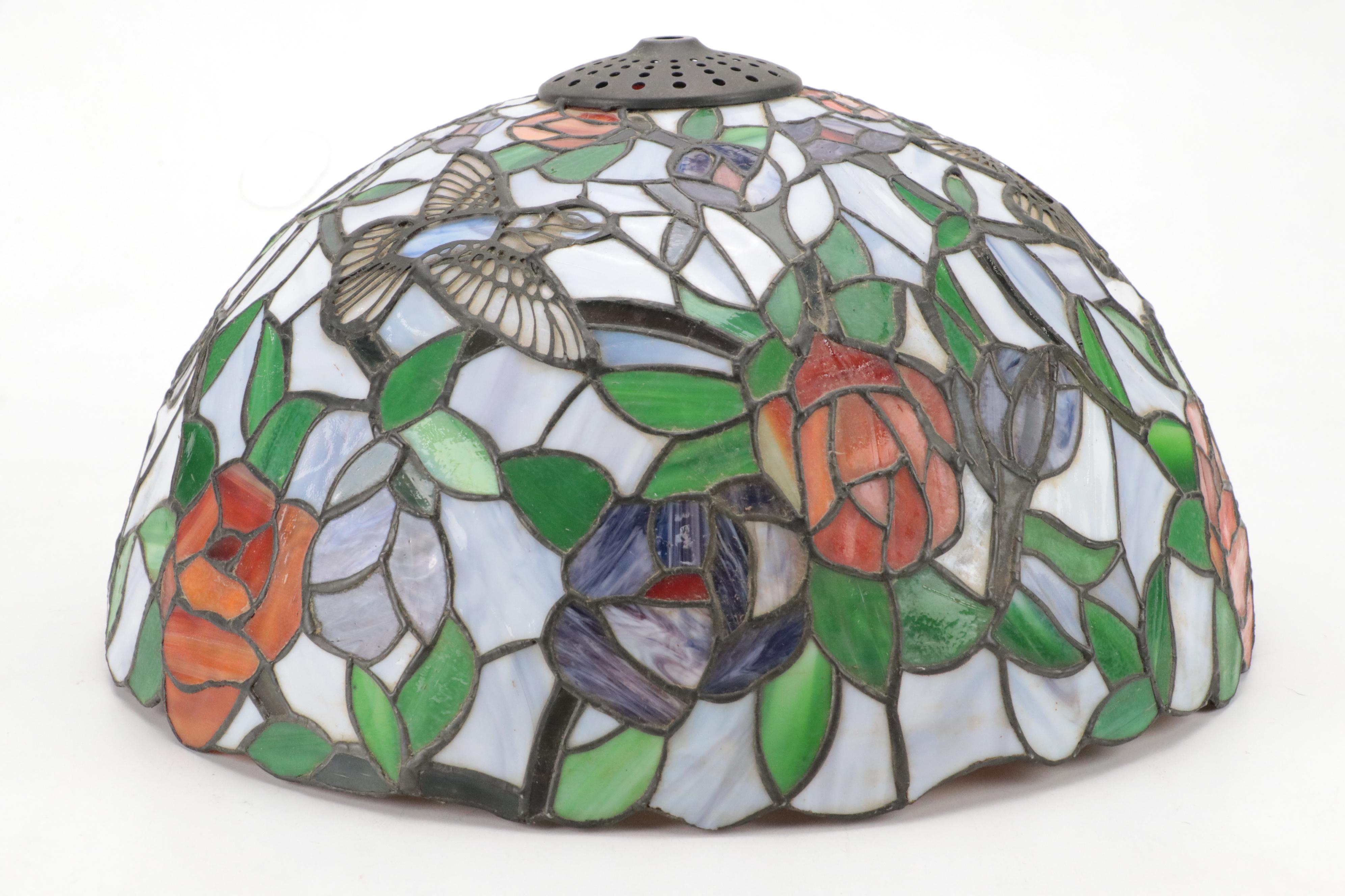 Art Nouveau Style Slag Glass & Metal Table Lamp with Hummingbird & Rose Motifs