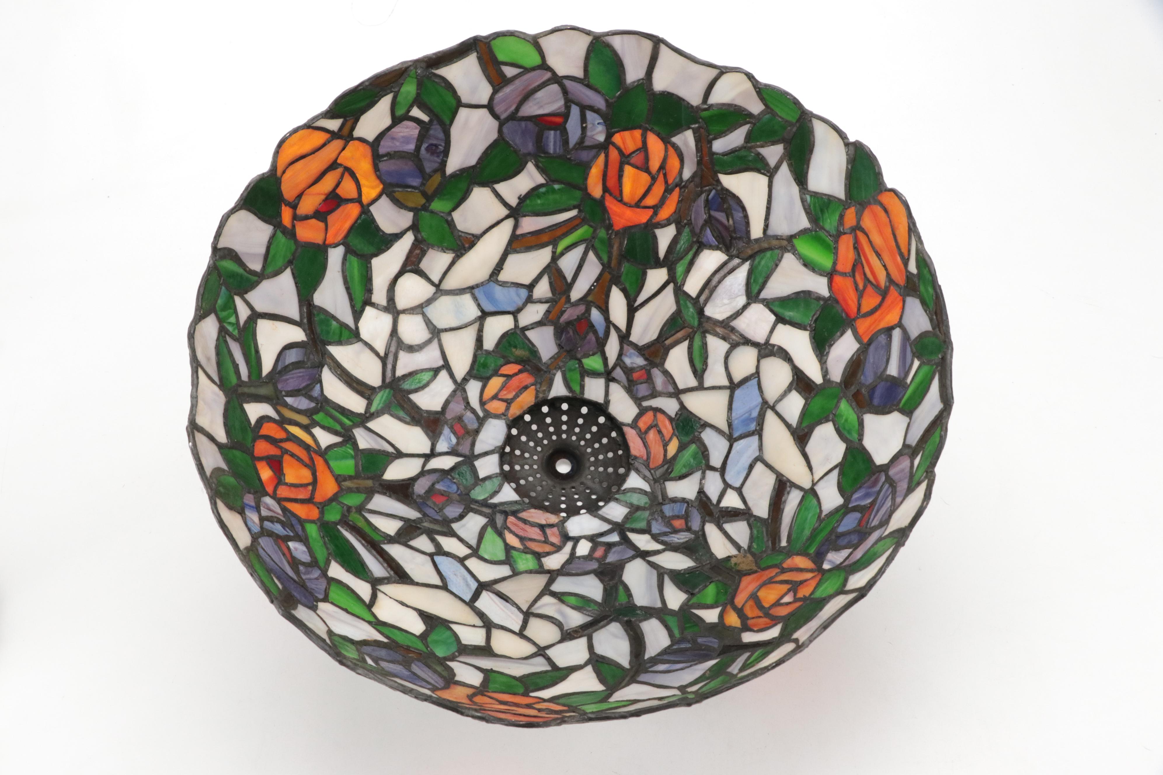 Art Nouveau Style Slag Glass & Metal Table Lamp with Hummingbird & Rose Motifs