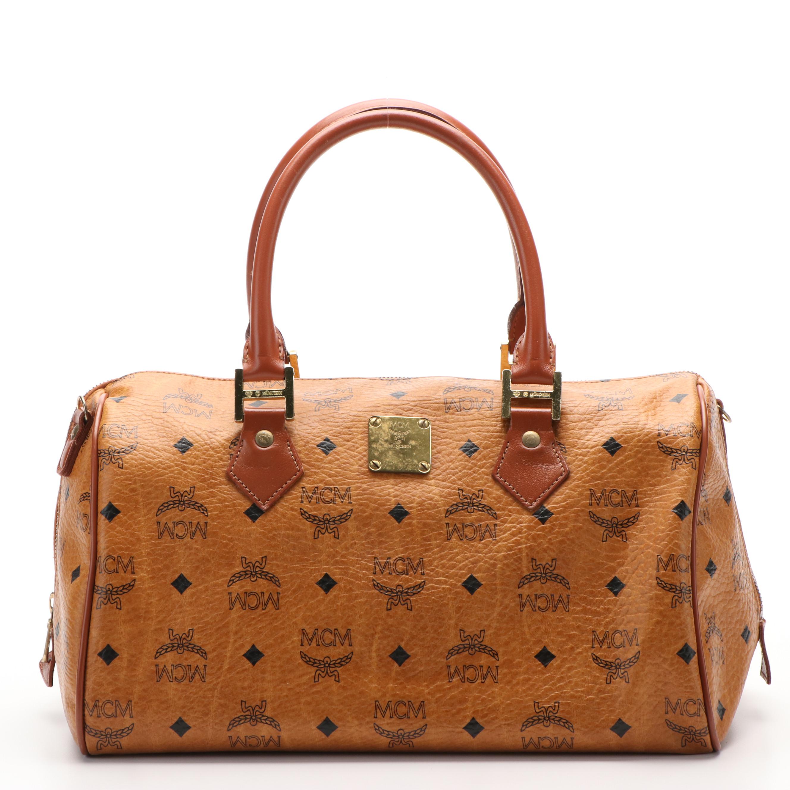 MCM Boston Bag in Cognac Visetos Coated Canvas and Leather