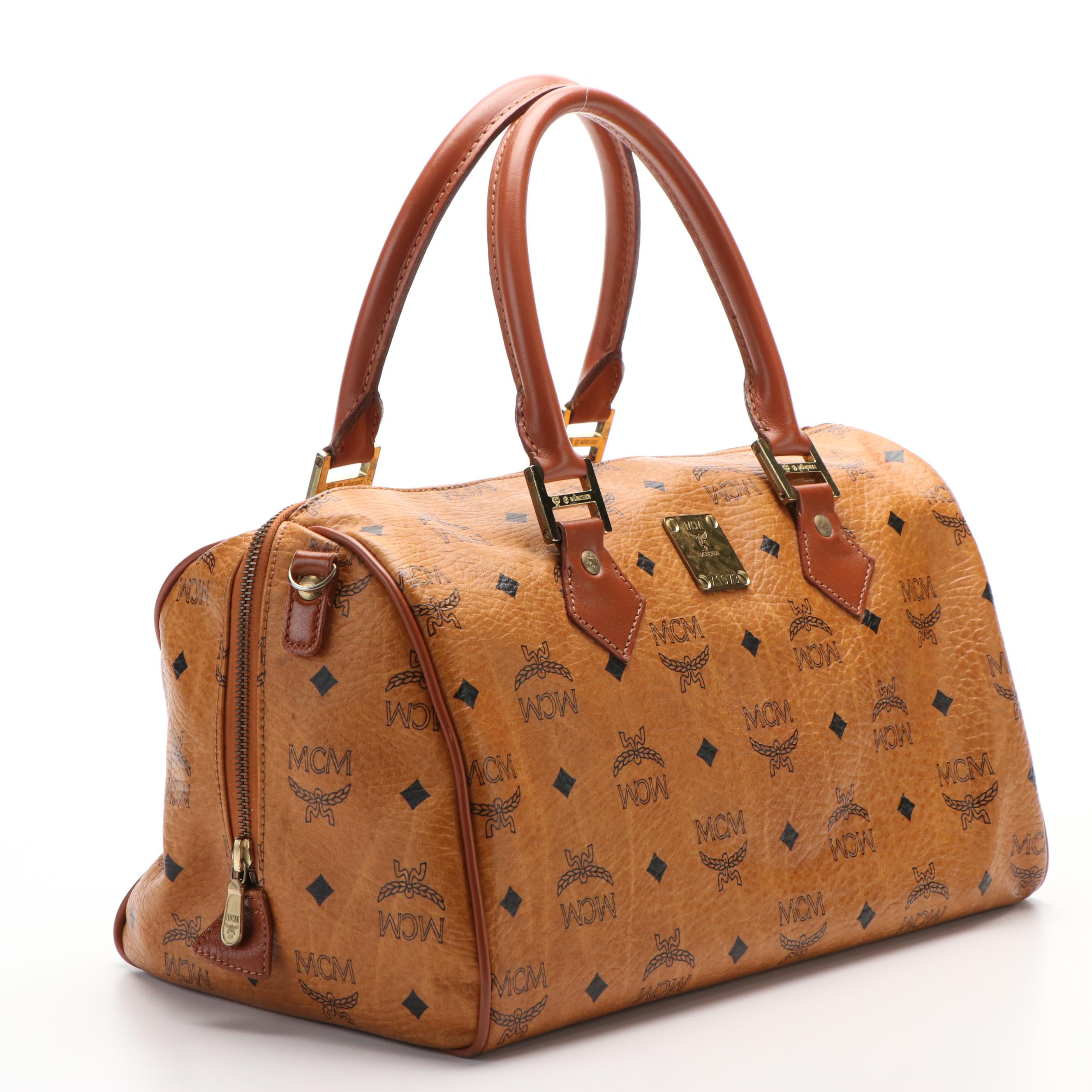 MCM Boston Bag in Cognac Visetos Coated Canvas and Leather