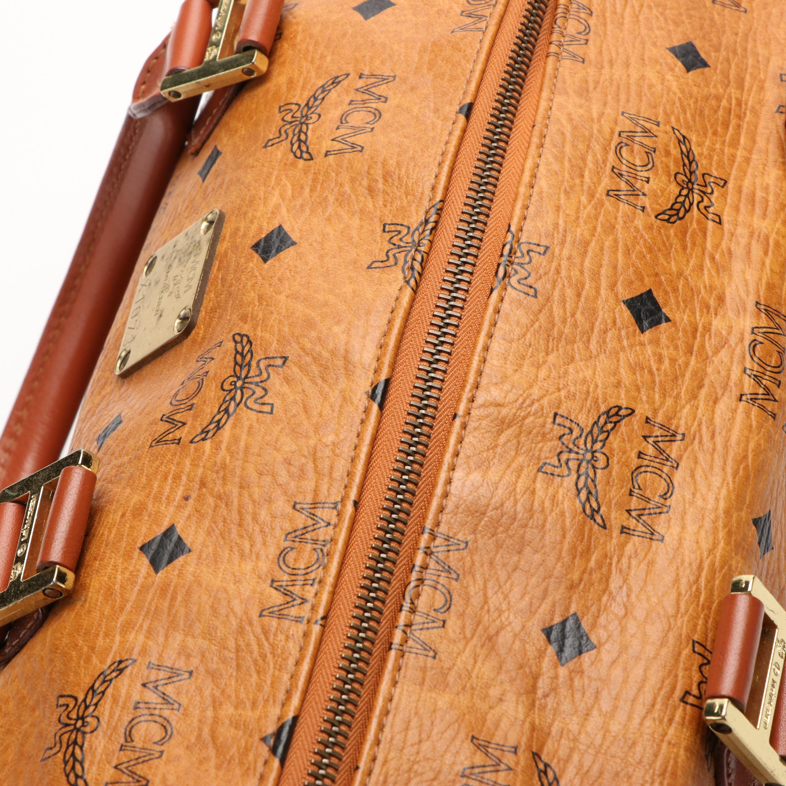 MCM Boston Bag in Cognac Visetos Coated Canvas and Leather