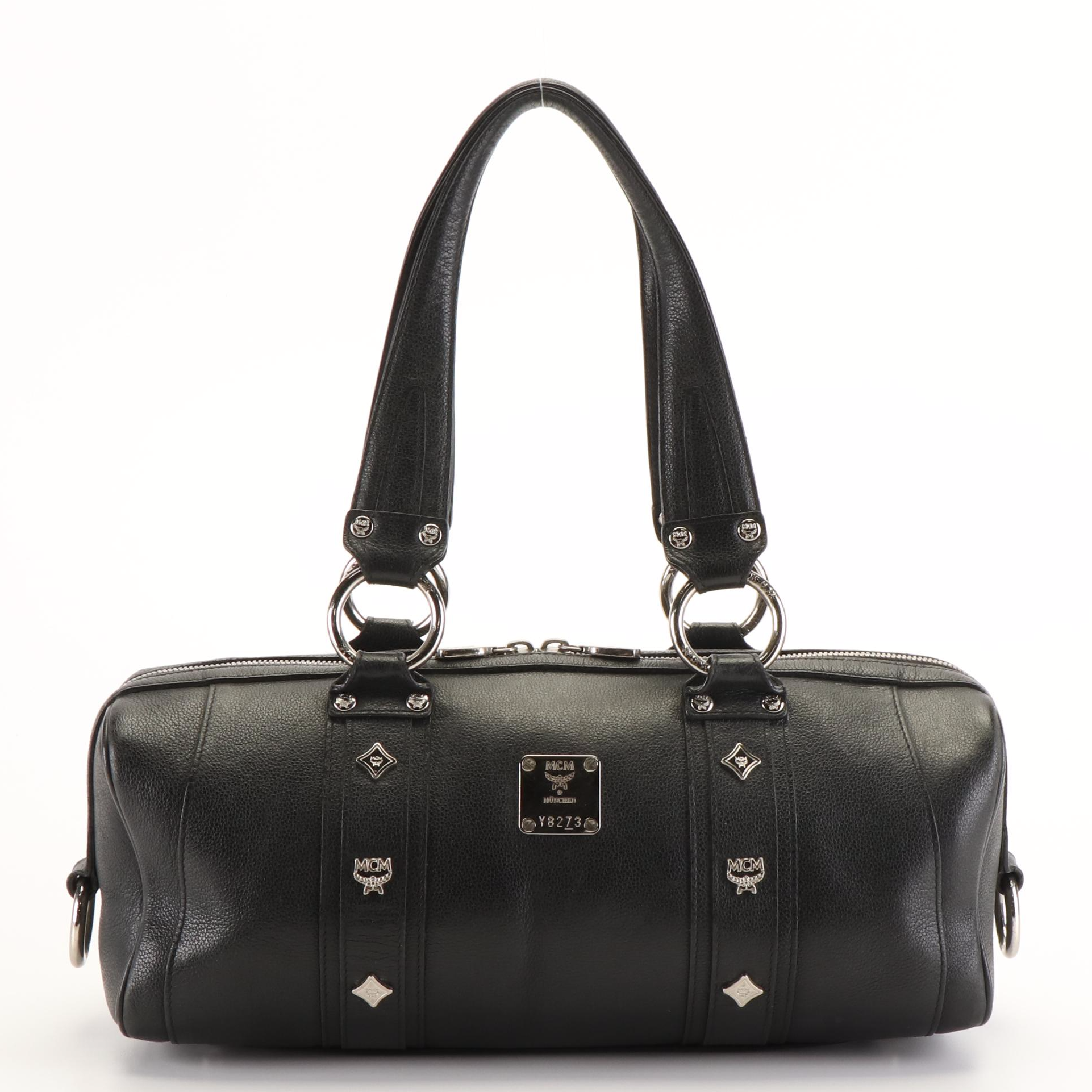 MCM Black Leather Silver Studded Logo Boston Bag