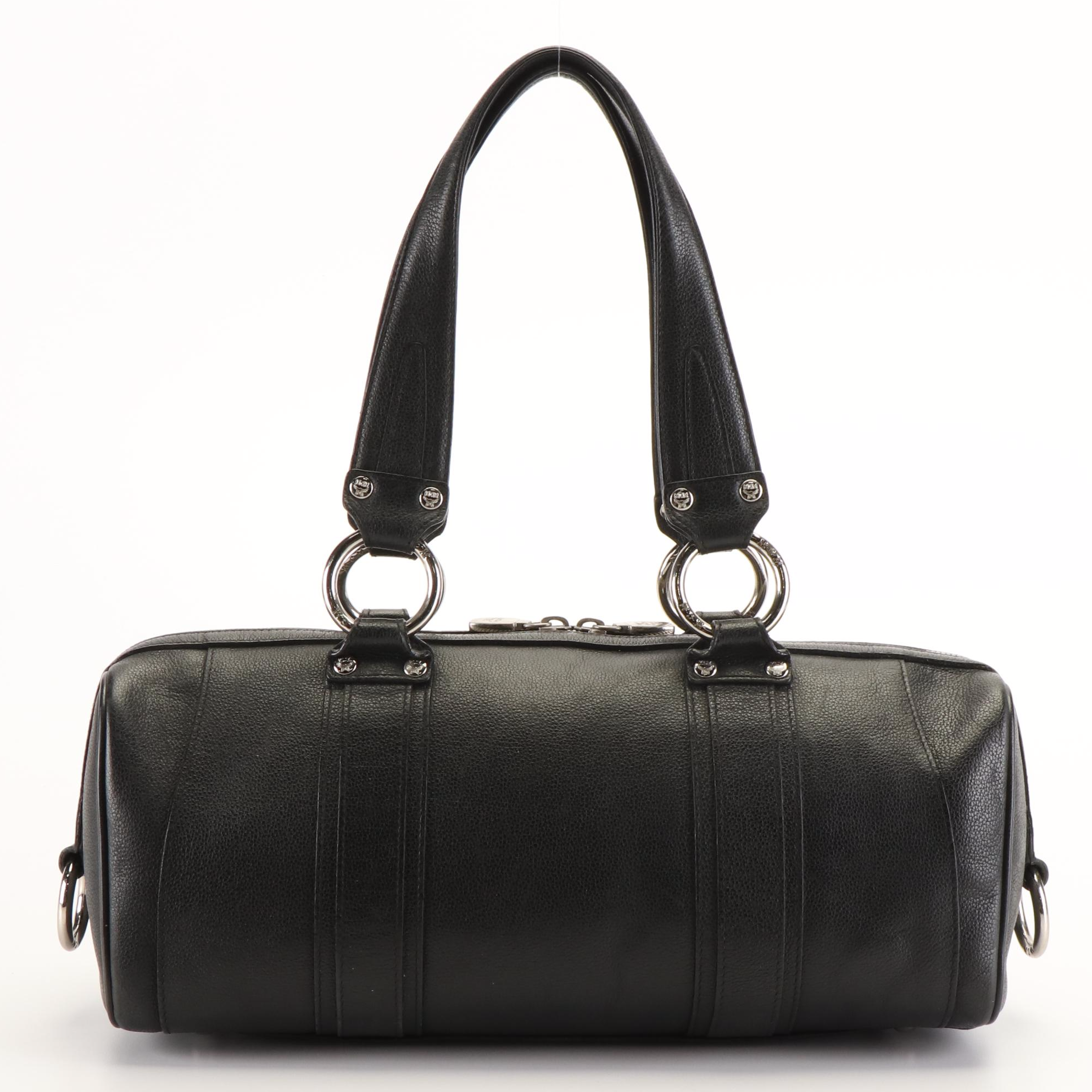 MCM Black Leather Silver Studded Logo Boston Bag