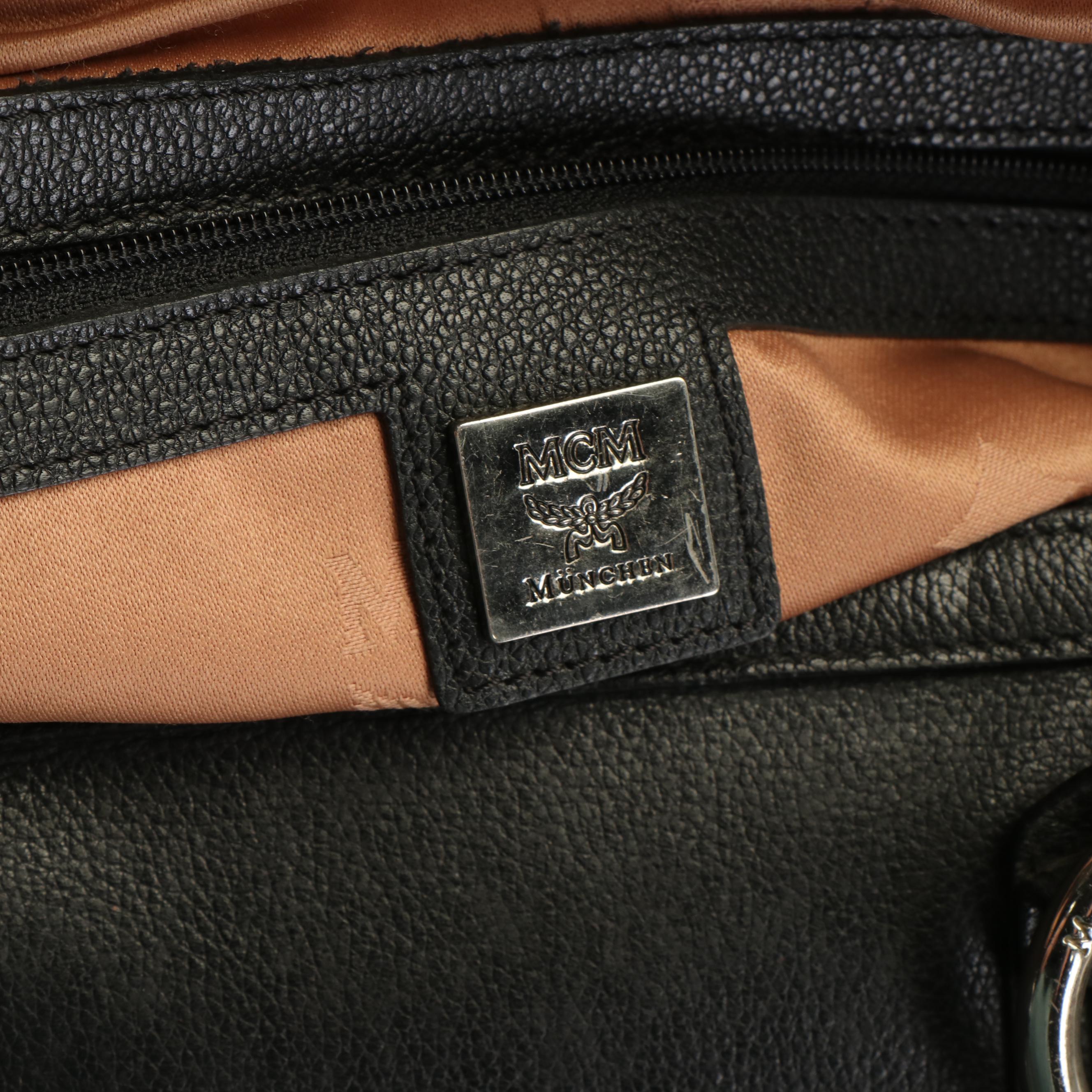 MCM Black Leather Silver Studded Logo Boston Bag