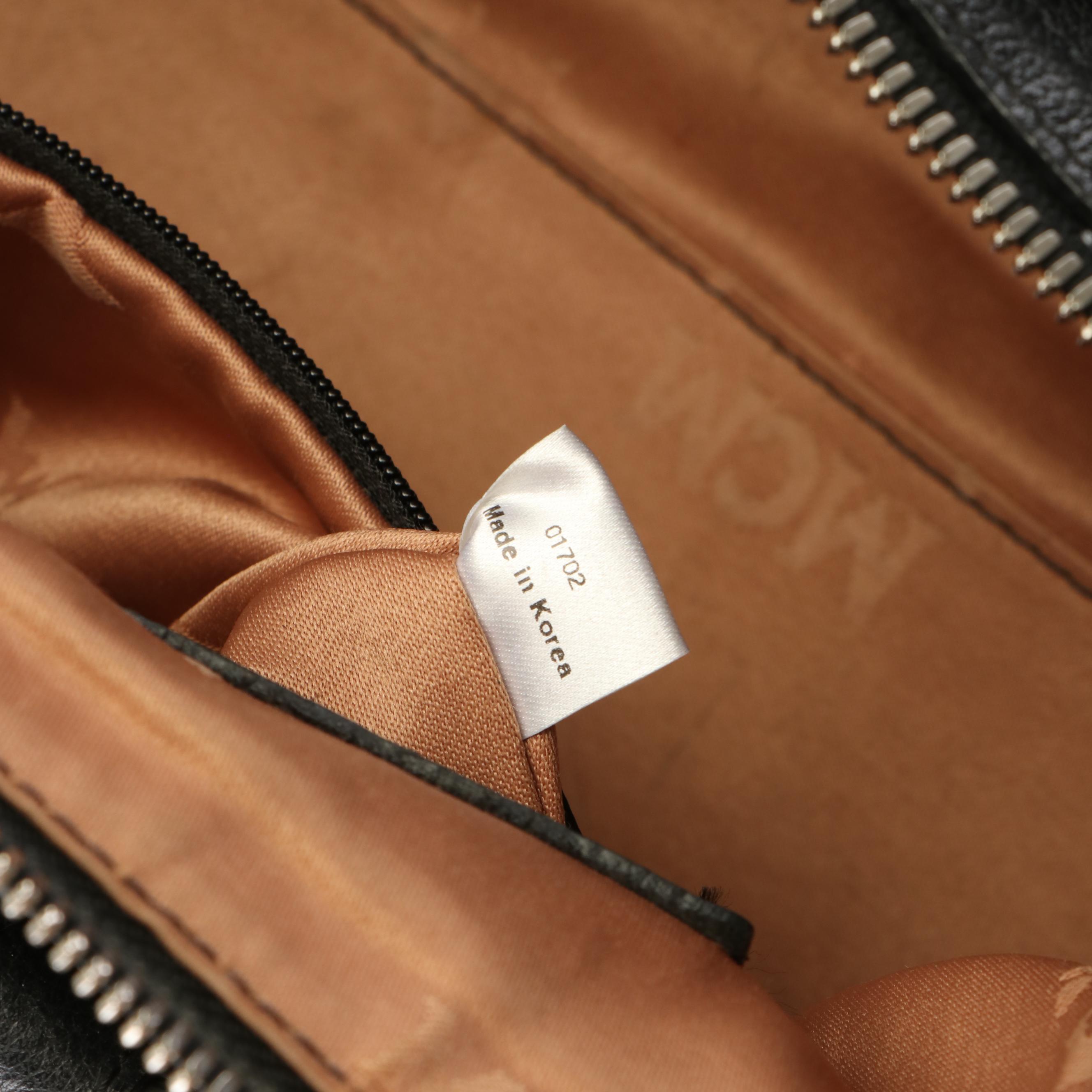 MCM Black Leather Silver Studded Logo Boston Bag