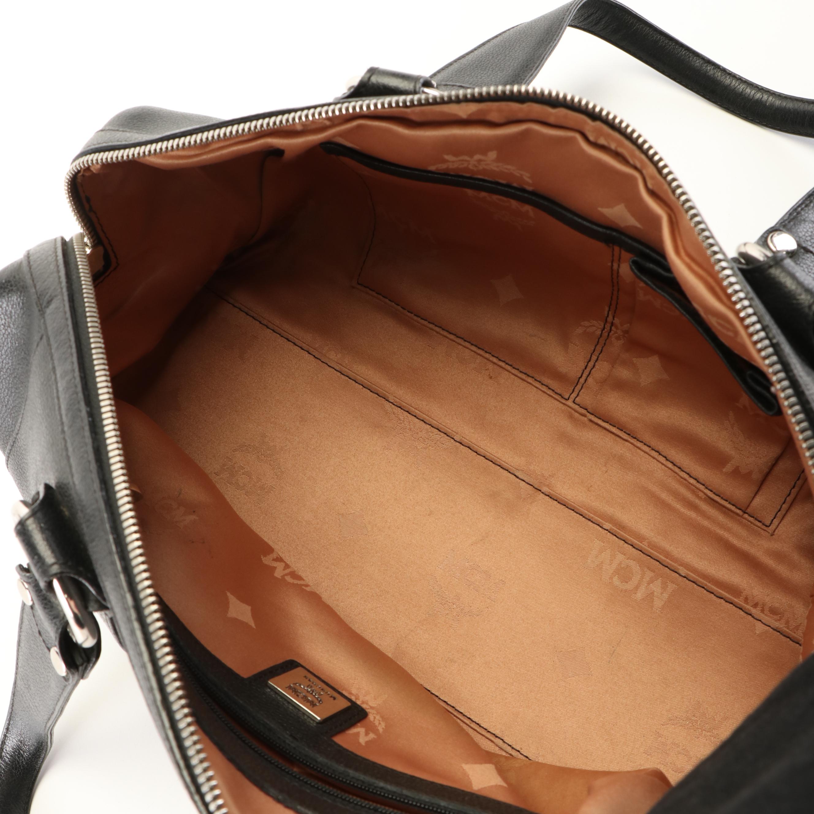 MCM Black Leather Silver Studded Logo Boston Bag