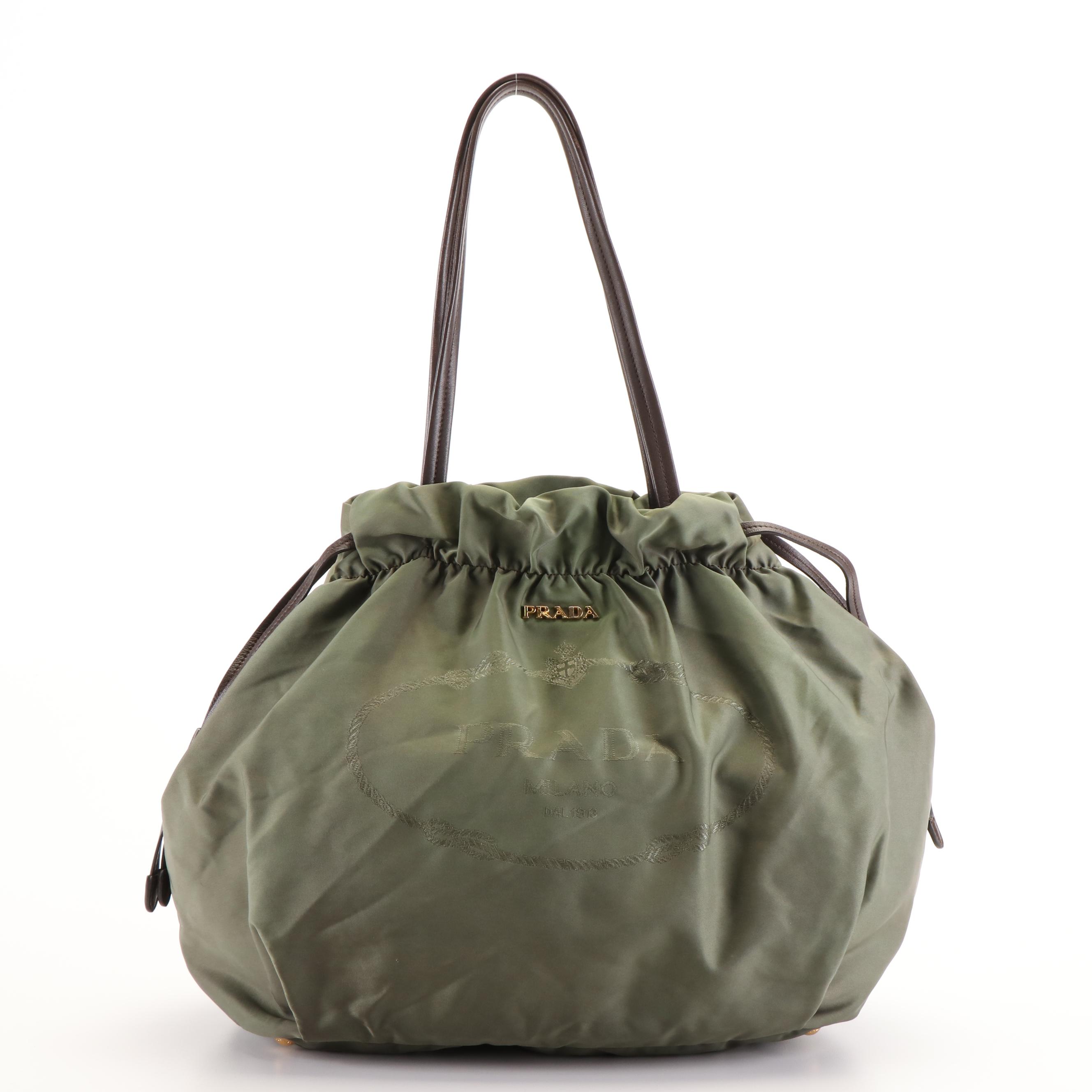 Prada Jacquard Logo Olive Green Nylon Drawstring Tote Bag