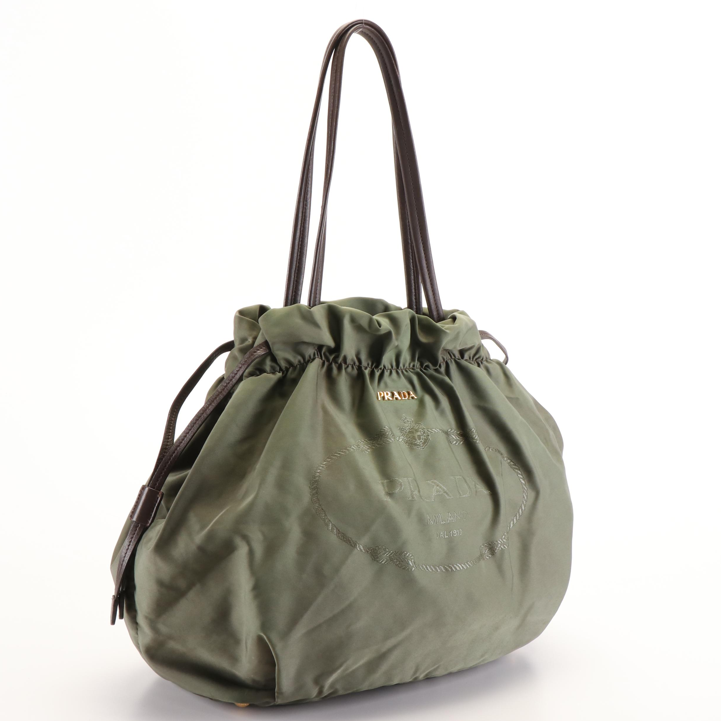 Prada Jacquard Logo Olive Green Nylon Drawstring Tote Bag