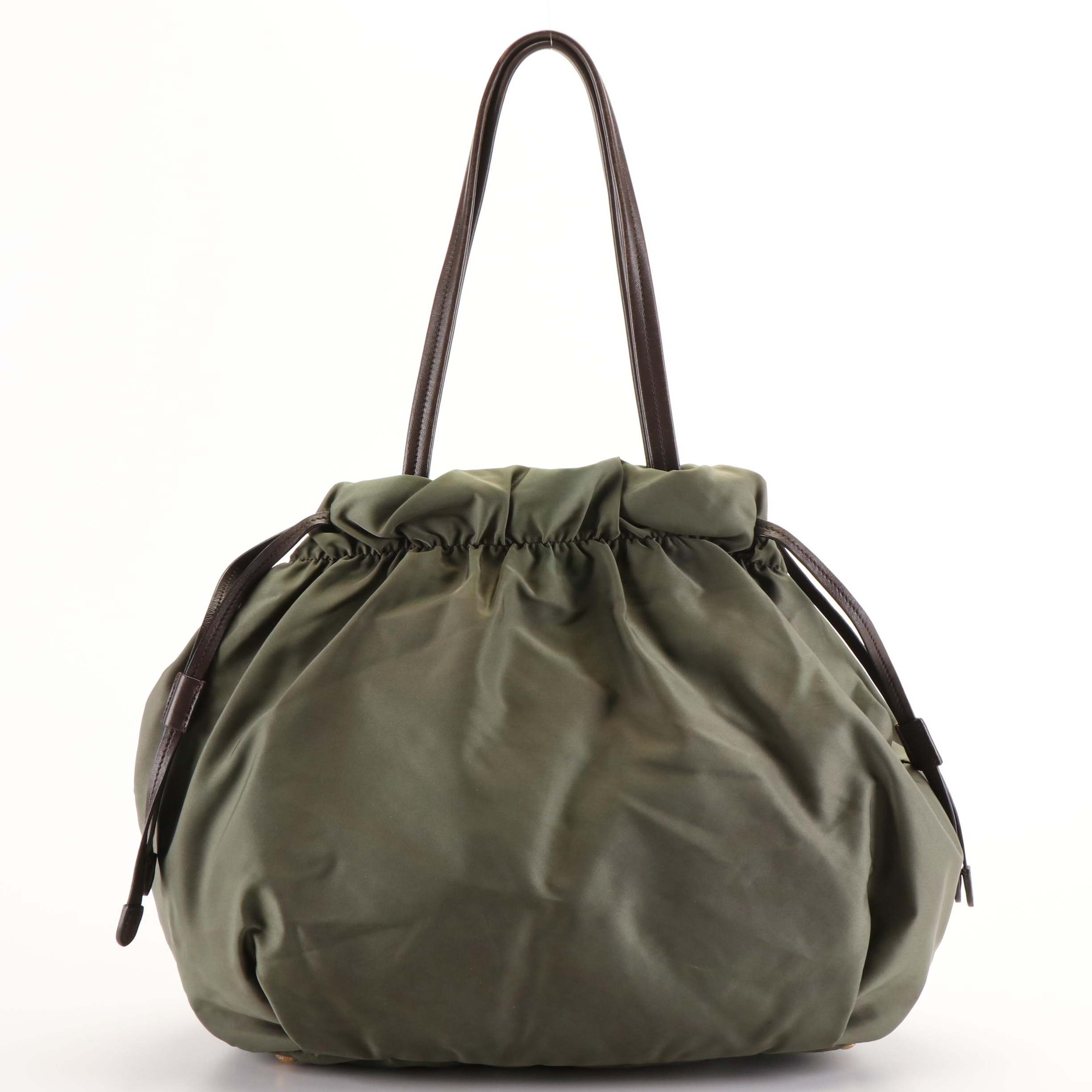 Prada Jacquard Logo Olive Green Nylon Drawstring Tote Bag