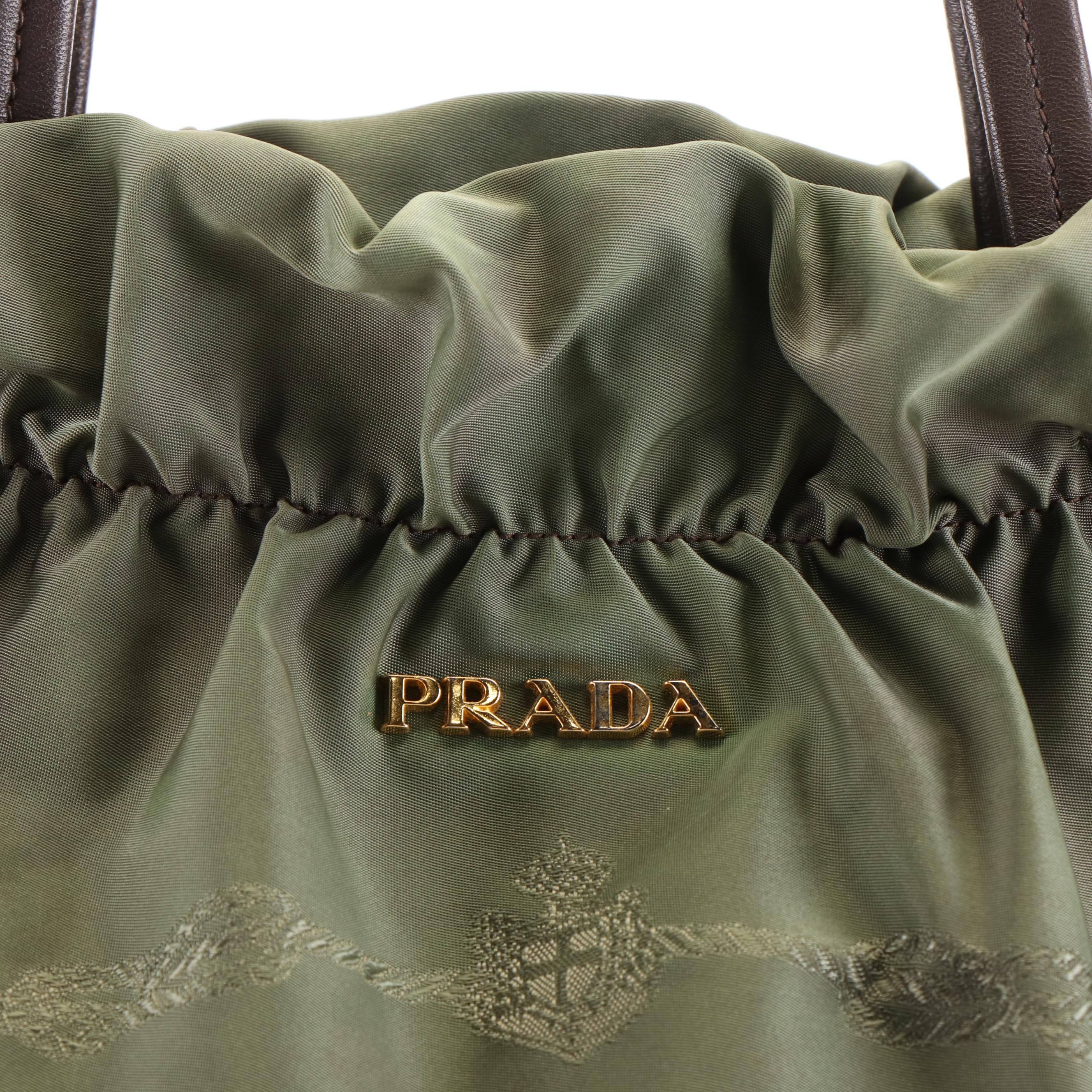 Prada Jacquard Logo Olive Green Nylon Drawstring Tote Bag