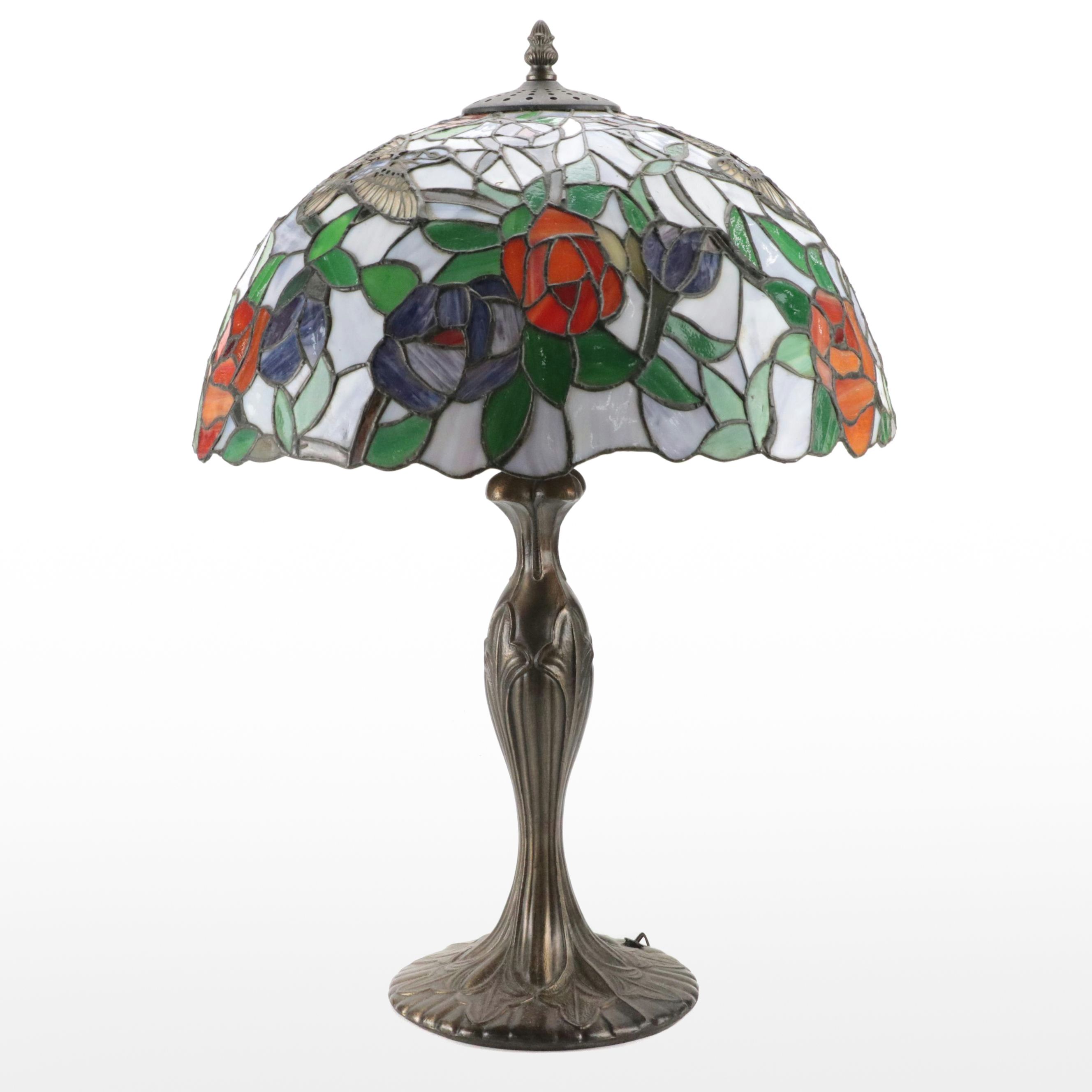 Art Nouveau Style Slag Glass & Metal Table Lamp with Hummingbird & Rose Motifs