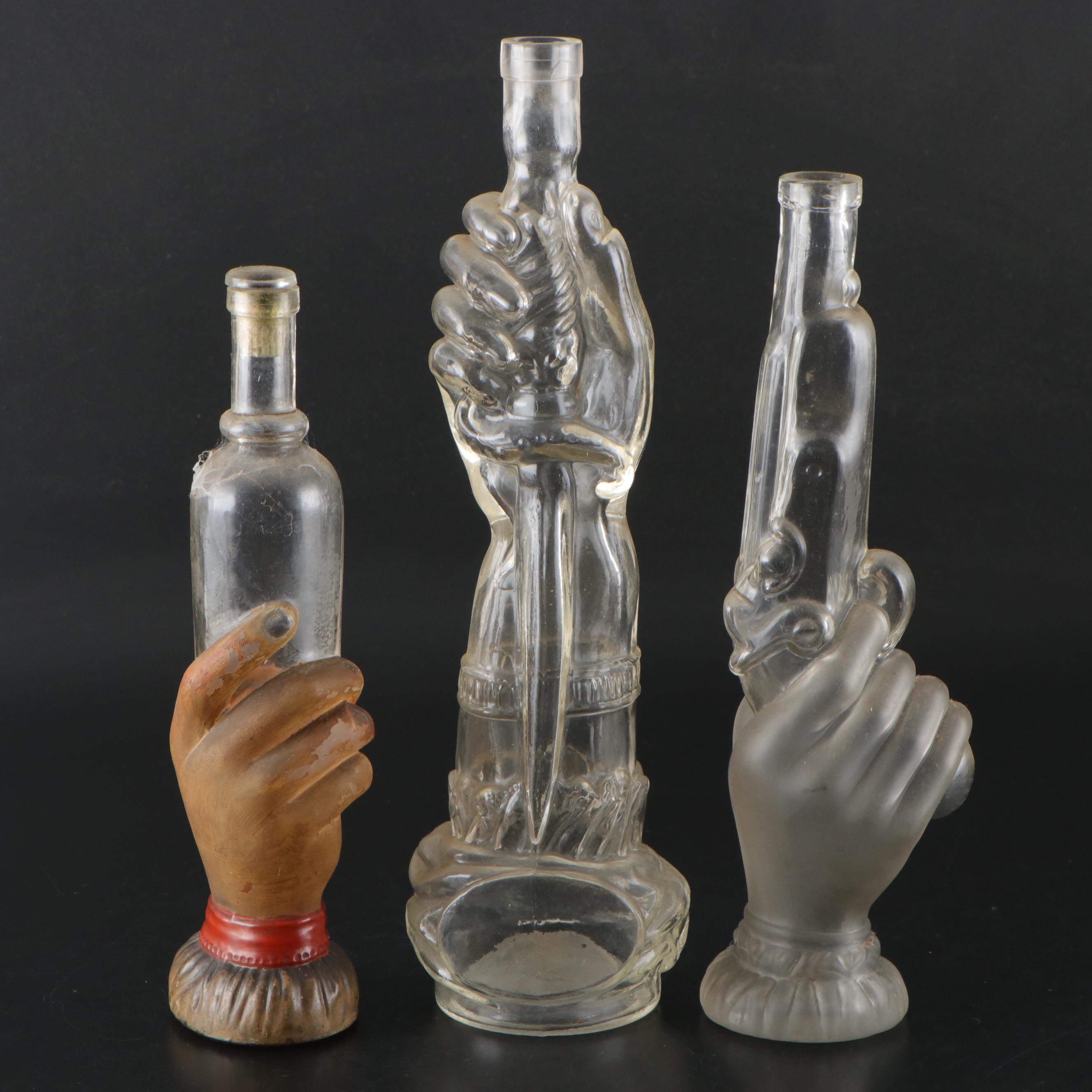 French Style Soap Bottle and Other Mold Blown Figural Hand Decanters