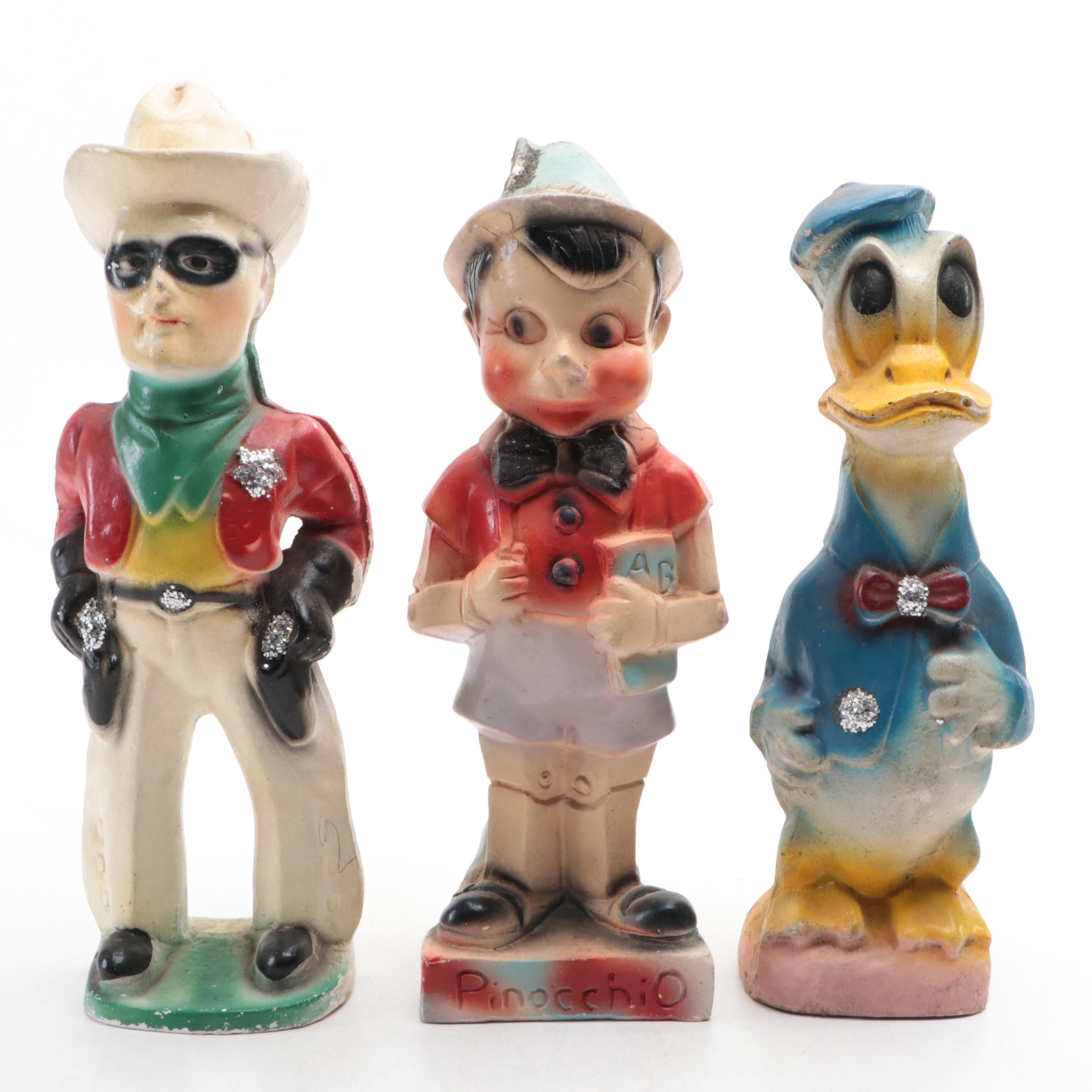 Lone Ranger, Pinocchio and Donald Duck Chalkware Carnival Figurines, Mid-20th C.