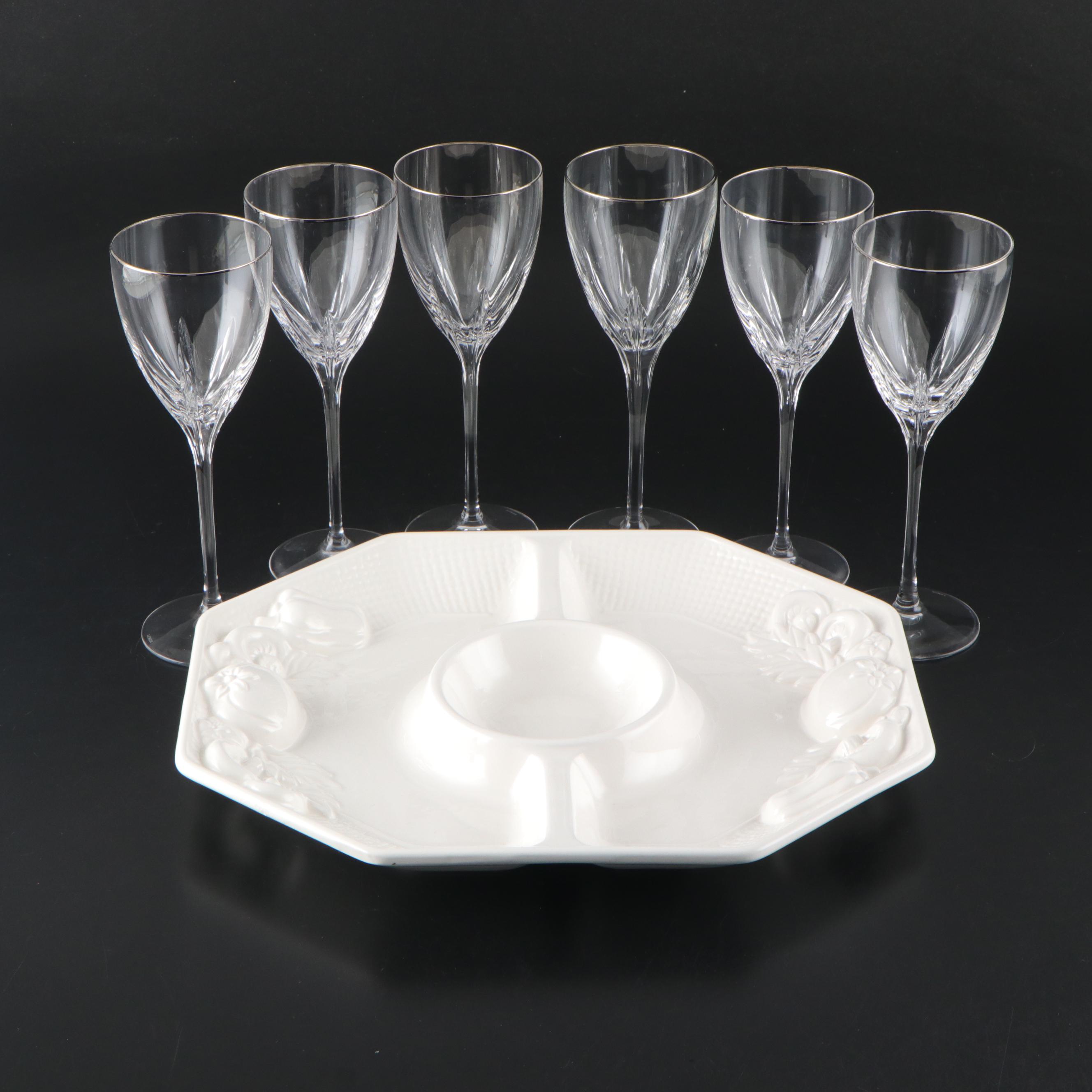 Lenox "Firelight" Wine Glasses and Himark "Harvest Weave" Divided Ceramic Tray