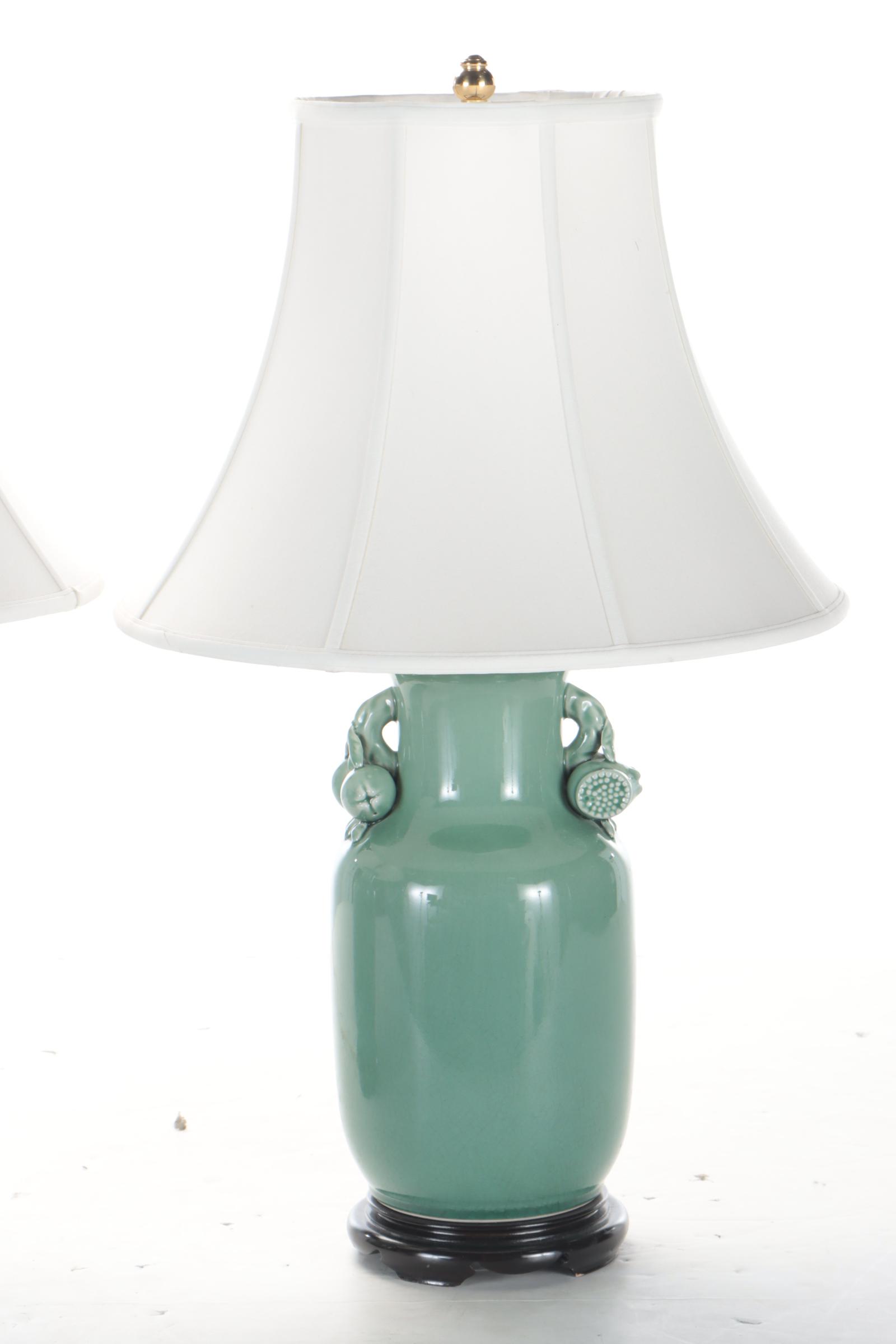 Oriental Accents Chinese Celadon Pomegranate Handled Porcelain Table Lamps
