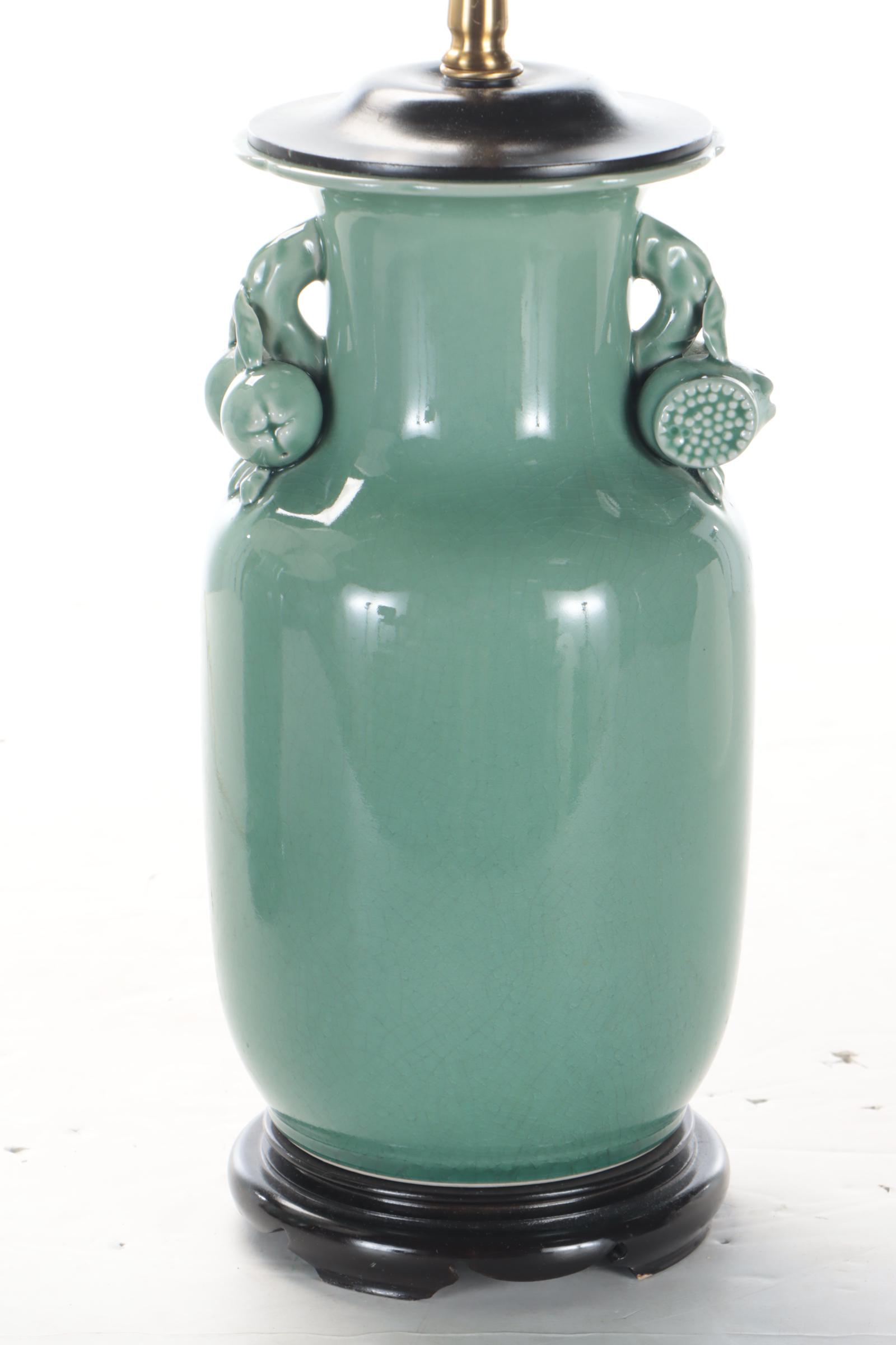 Oriental Accents Chinese Celadon Pomegranate Handled Porcelain Table Lamps