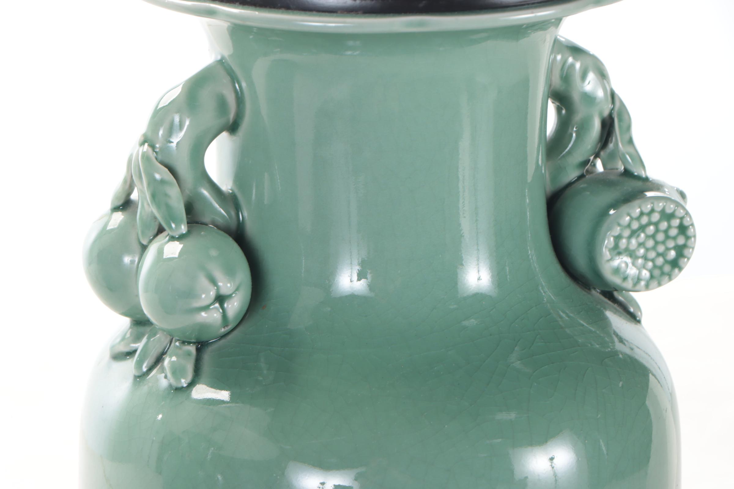Oriental Accents Chinese Celadon Pomegranate Handled Porcelain Table Lamps
