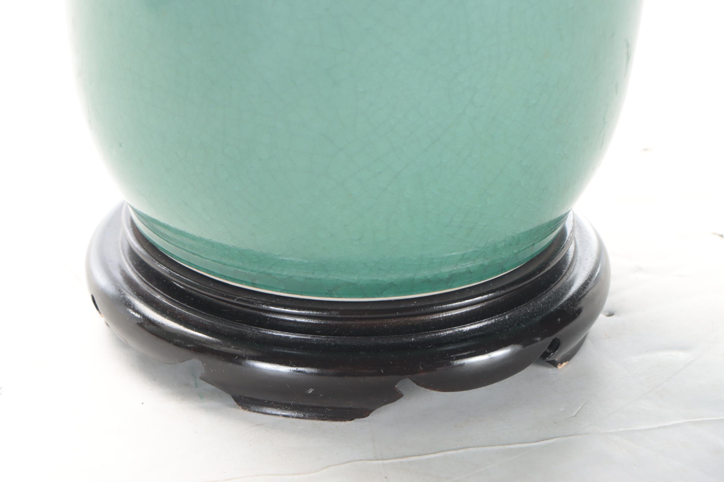 Oriental Accents Chinese Celadon Pomegranate Handled Porcelain Table Lamps