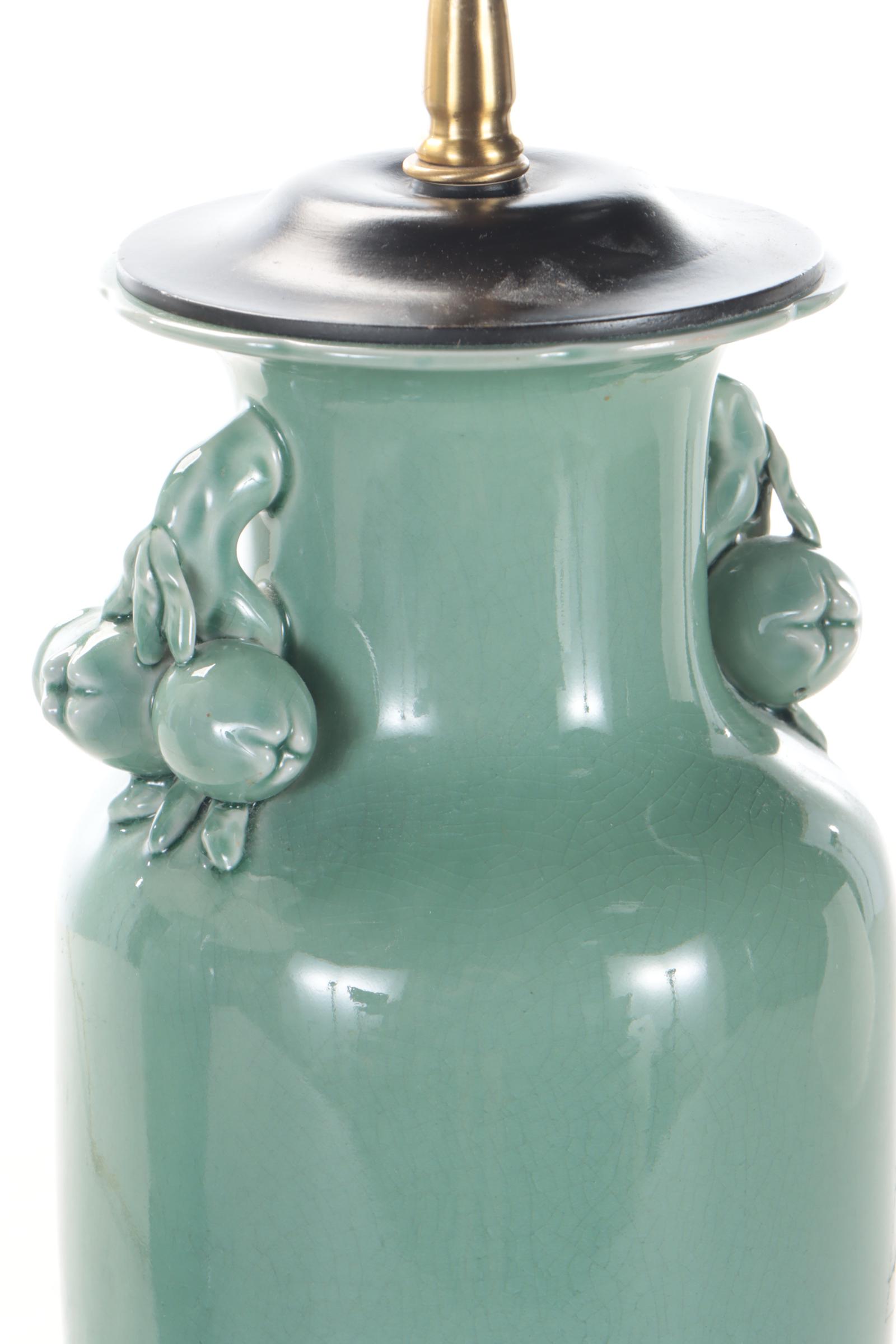 Oriental Accents Chinese Celadon Pomegranate Handled Porcelain Table Lamps