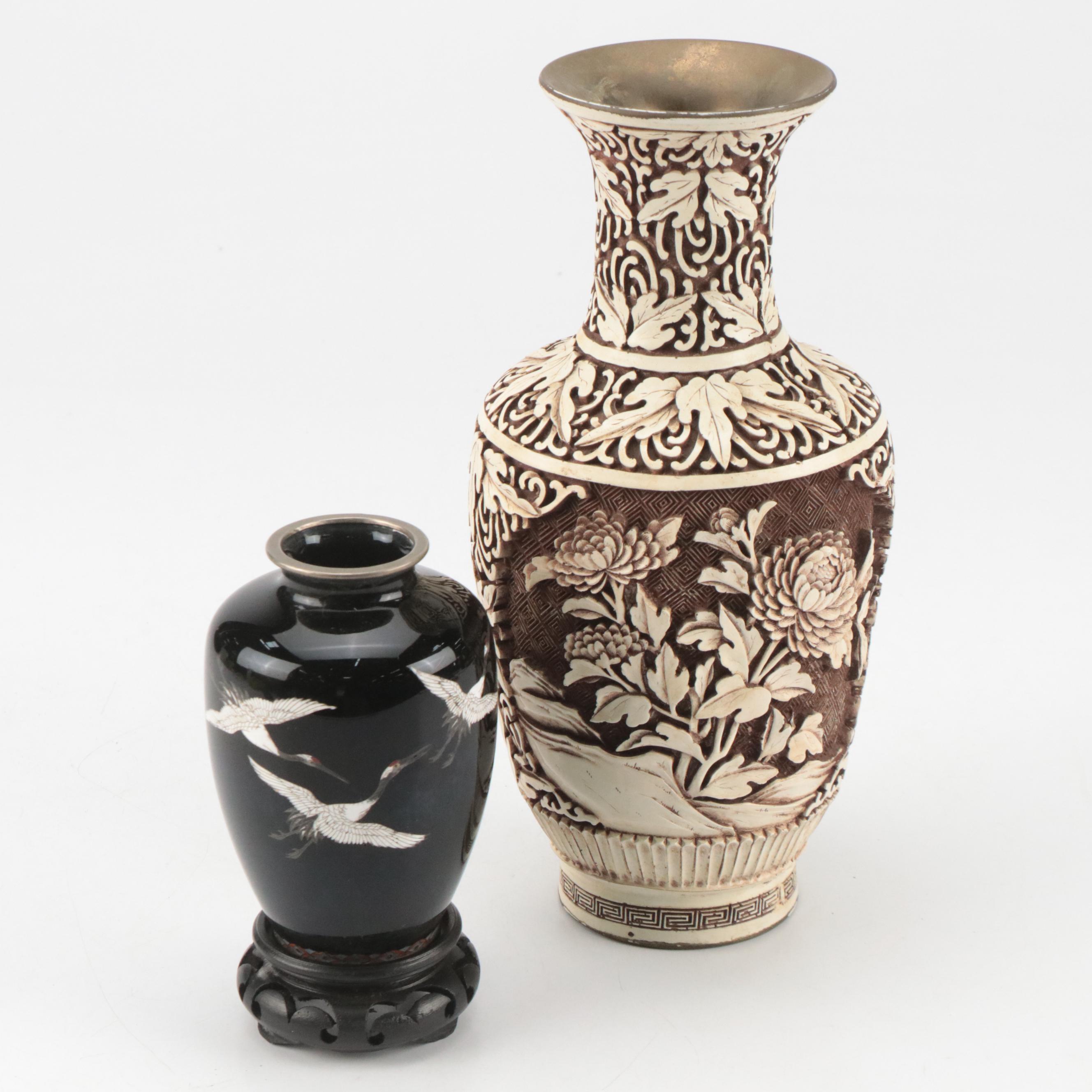 Inaba Japanese Cloisonne and Chinese Carved Resin Vases
