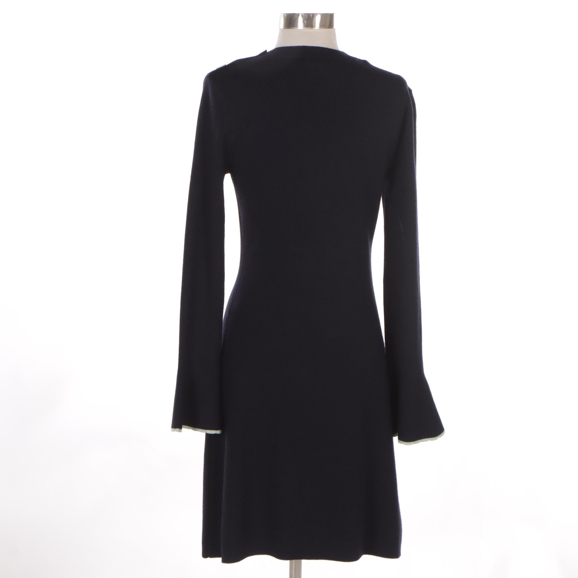 Tory Burch Ribbed Knit Flare Sleeve Sweater Dress in Medium Navy, New with Tag