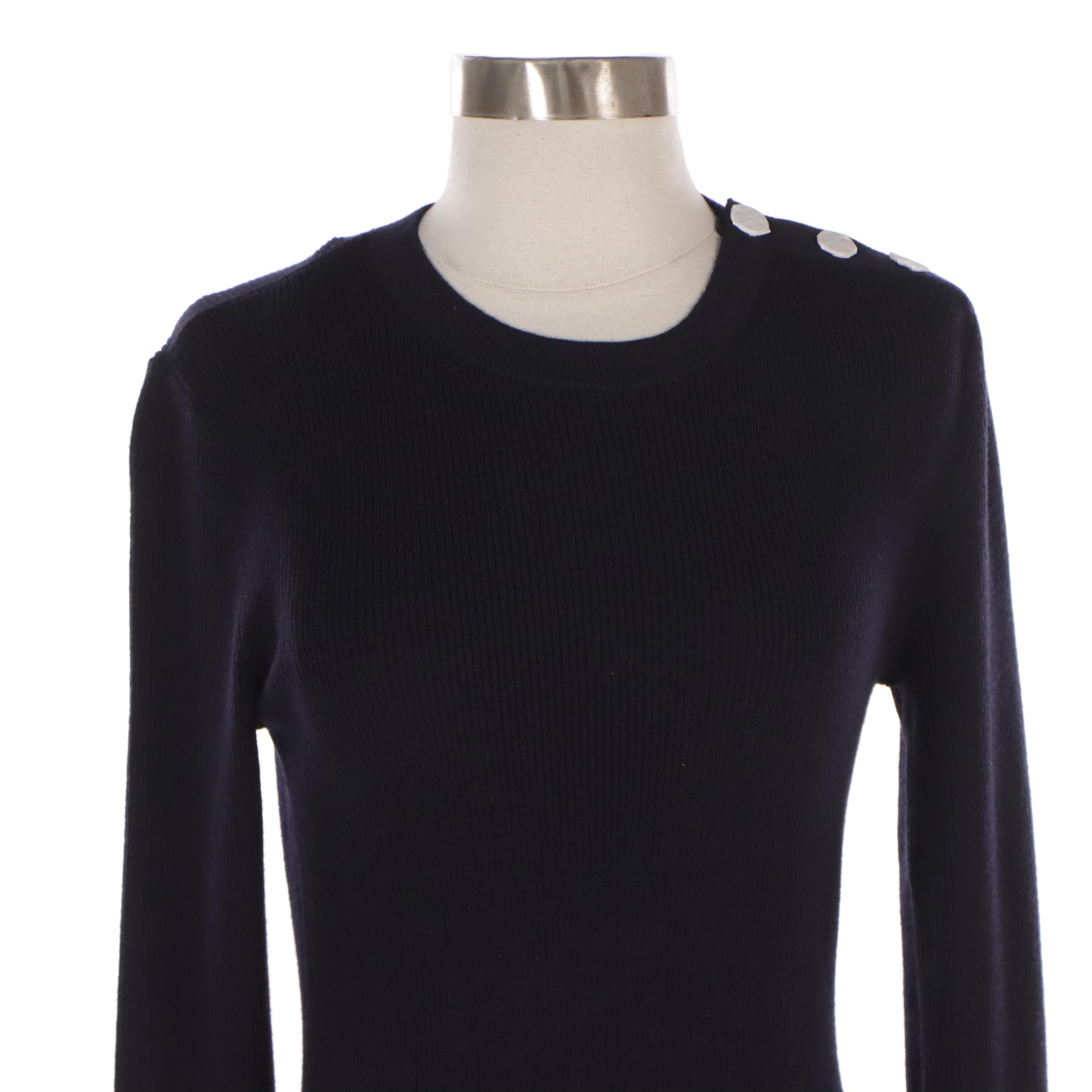 Tory Burch Ribbed Knit Flare Sleeve Sweater Dress in Medium Navy, New with Tag